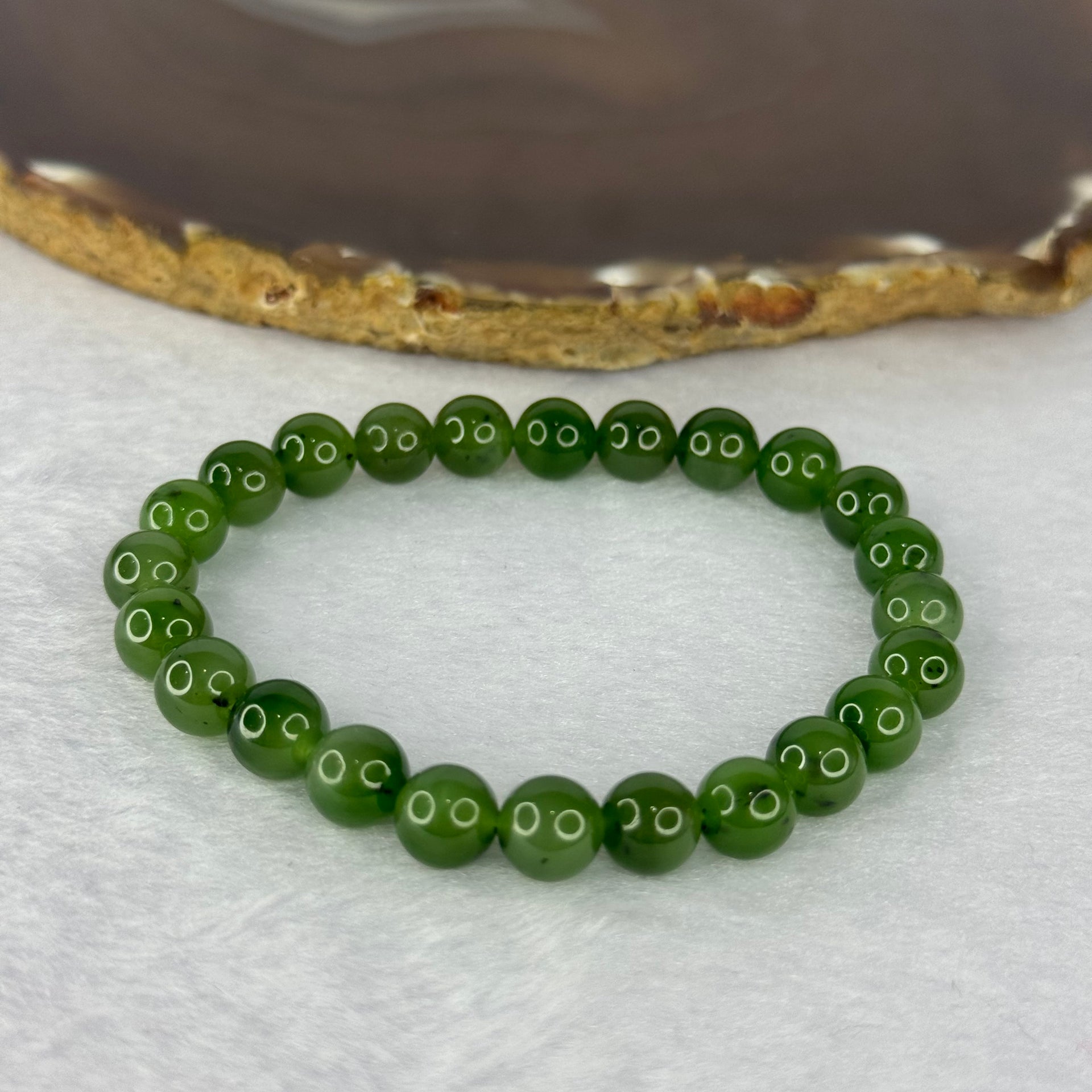 Natural Bright Green Nephrite Jade Beads Bracelet 天然和田玉手链 18.24g 15.5cm 7.9mm 24 Beads - Huangs Jadeite and Jewelry Pte Ltd