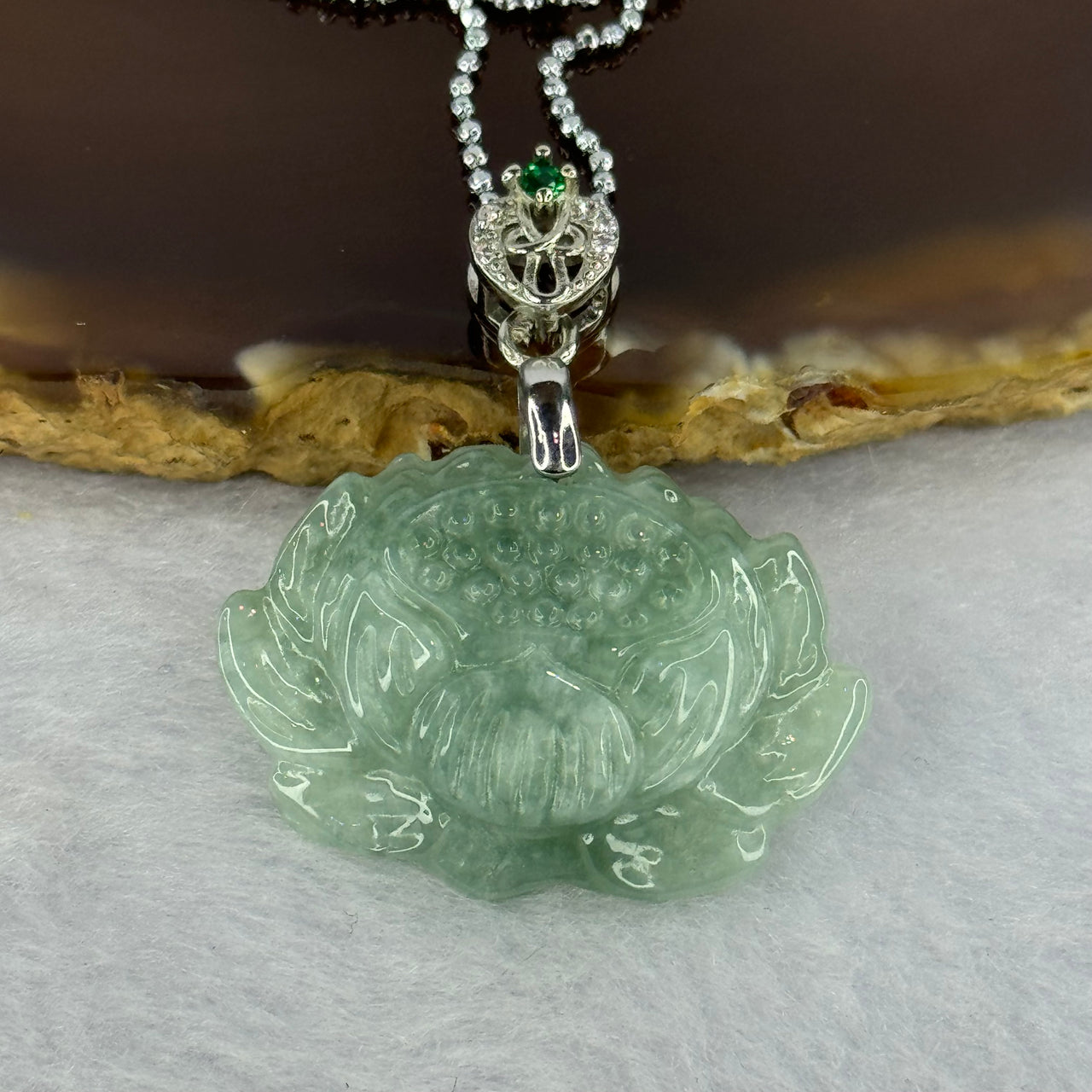 Type A Blueish Green Jadeite Lotus Flower Pendent in S925 Sliver Claps 8.88g 19.7 by 29.3 by 6.7mm