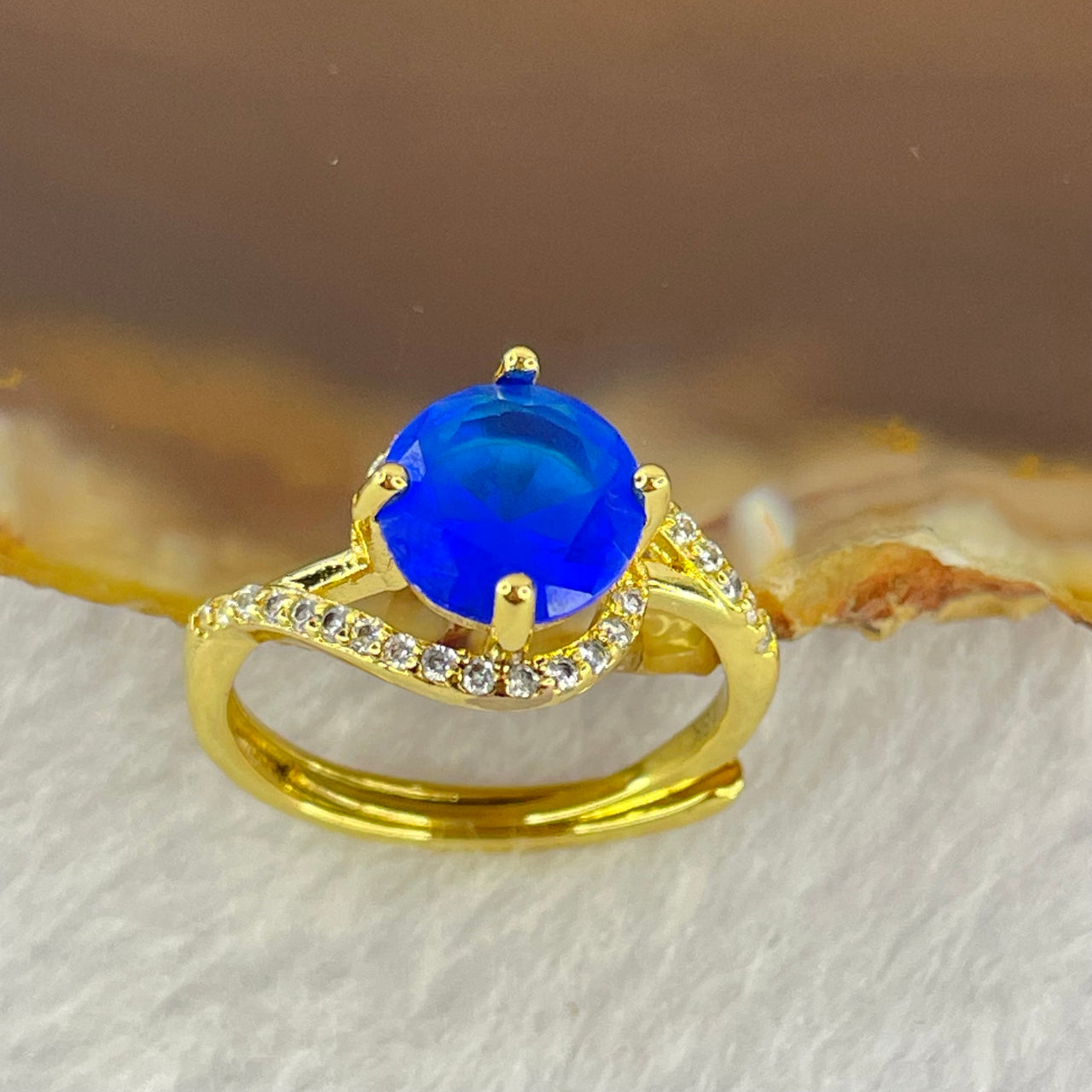 Blue Cubic Zirconia with Crystals in 18K Gold Plated Silver Ring (Adjustable Size) 2.00g 7.5 by 5.0mm