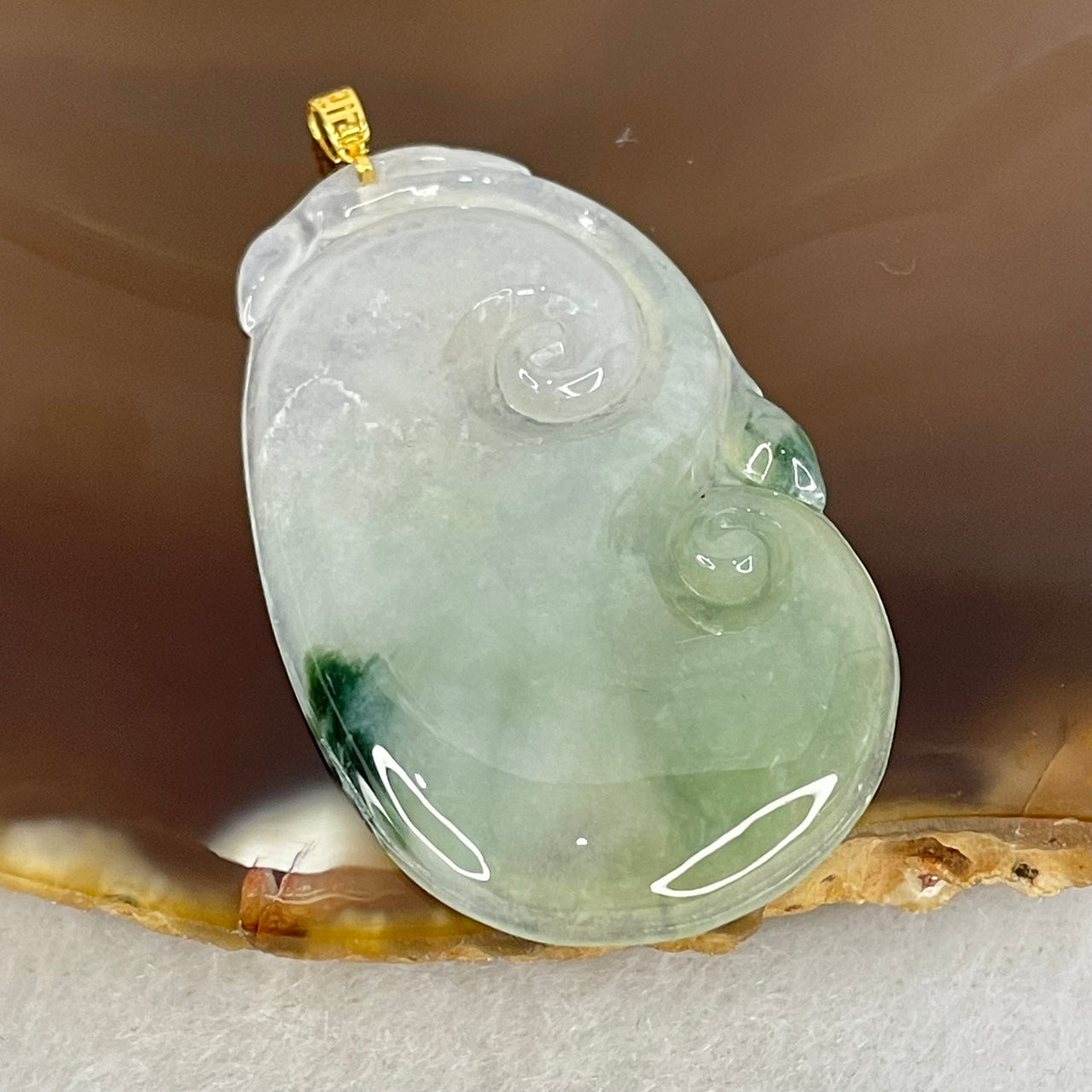 Type A Semi Icy Light Green with Moss Green Piao Hua Jadeite Ruyi 18K Yellow Gold Pendant 6.90g 38.6 by 23.4 by 4.1mm