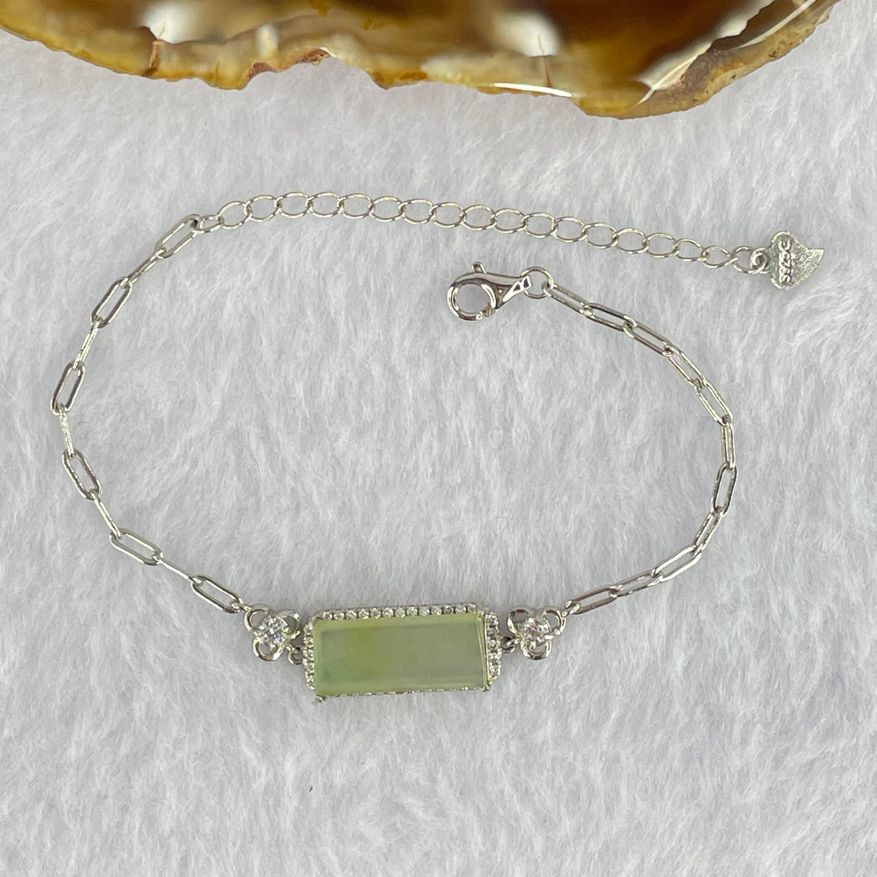 Type A Icy Light Green Jadeite Wu Shi Pai with Crystals in S925 Sliver Bracelet 5.06g 16.6 by 7.4 by 2.5mm