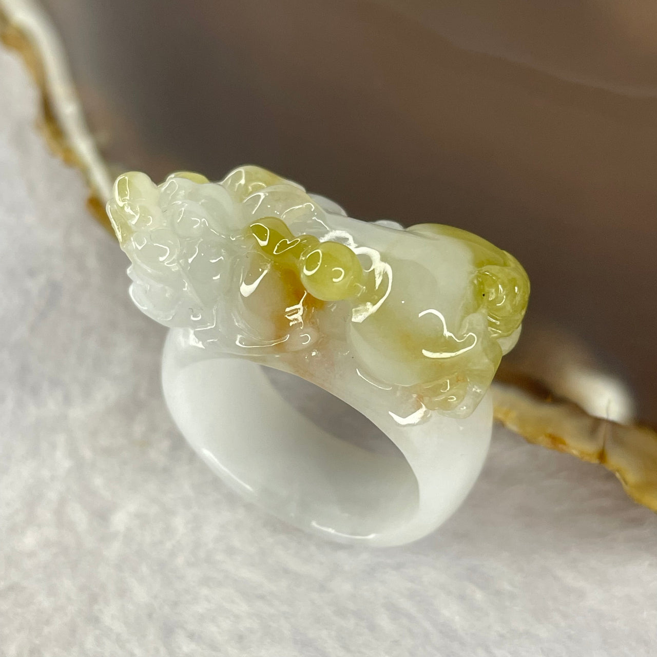 Type A White with Yellow Jadeite Prosperity and Protection Pixiu Ring 14.28g 15.2 by 14.1mm US10.25 HK23 - Huangs Jadeite and Jewelry Pte Ltd