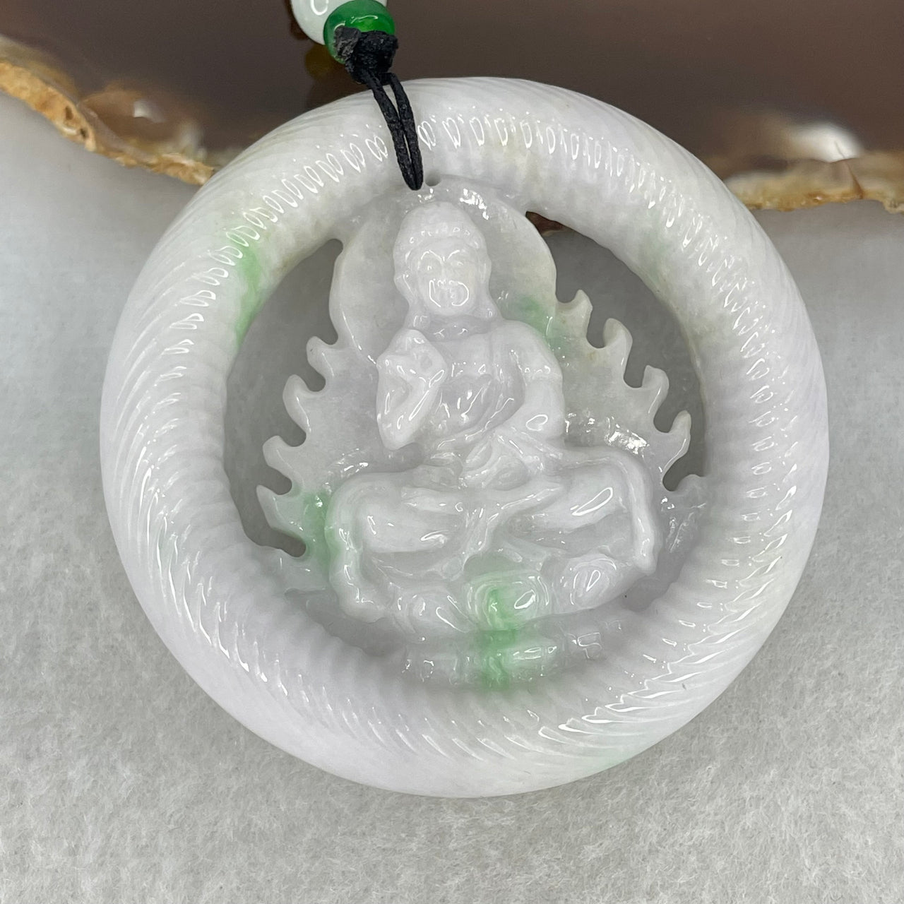 Type A Light Lavender Green Jadeite Buddha Ping An Kou Donut Pendant 74.33g 56.4 by 13.6mm