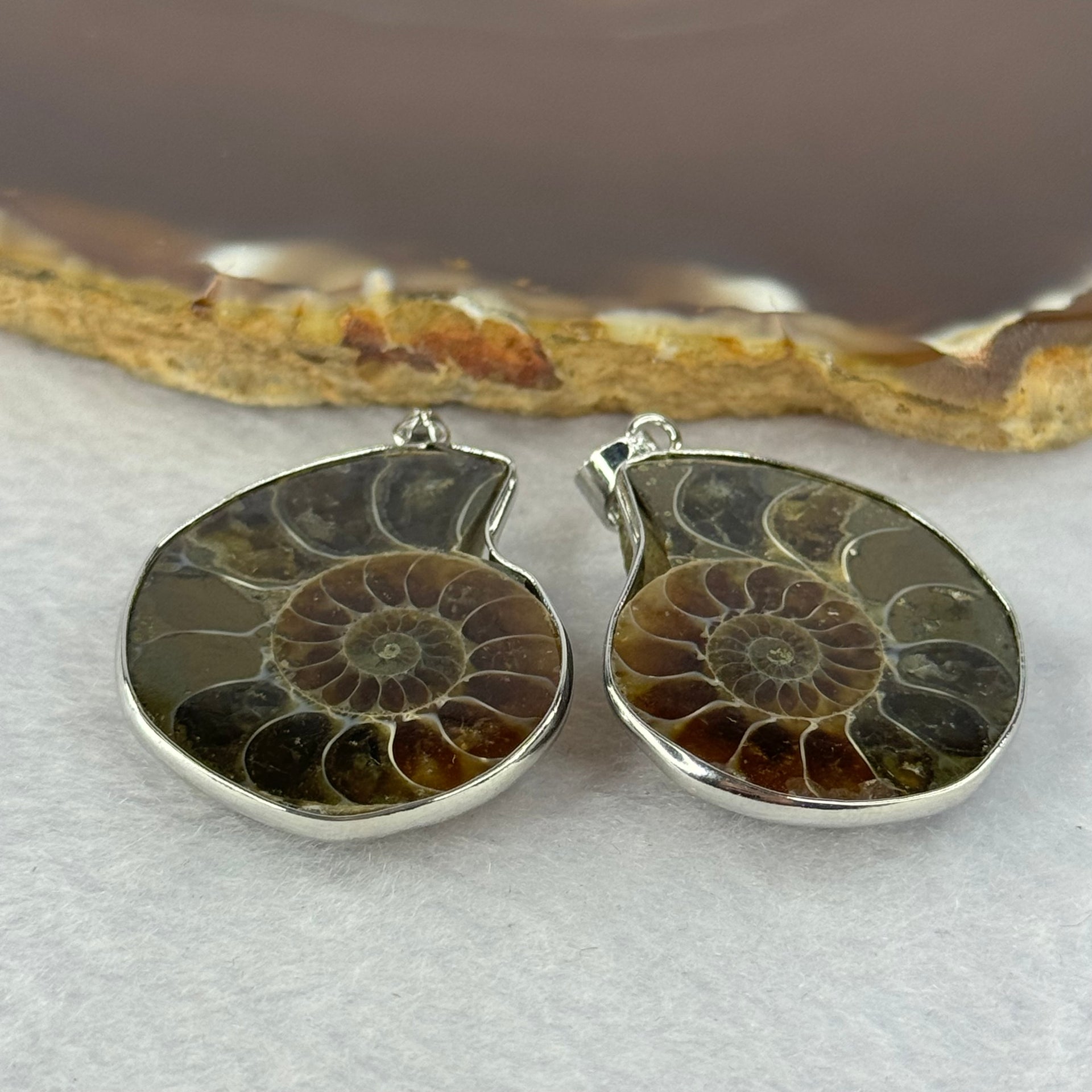 Natural Ammolite Fossil In Sliver Pendent/Charm Pair Total Weight 16.88g Each About 14.5 by 12.1 by 3.5mm - Huangs Jadeite and Jewelry Pte Ltd