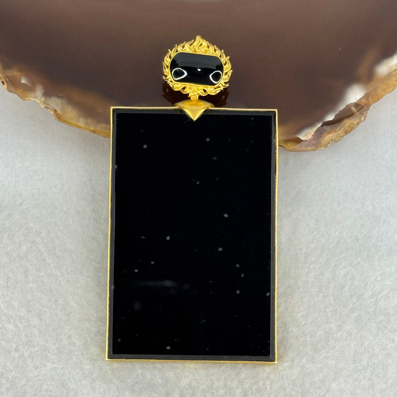 18k Yellow Gold Rare High Grade Fully Translucent Type A Black Jadeite Rectangle Wu Shi Pai Pendant 45.38g 61.8 by 41.2 by 4.8mm