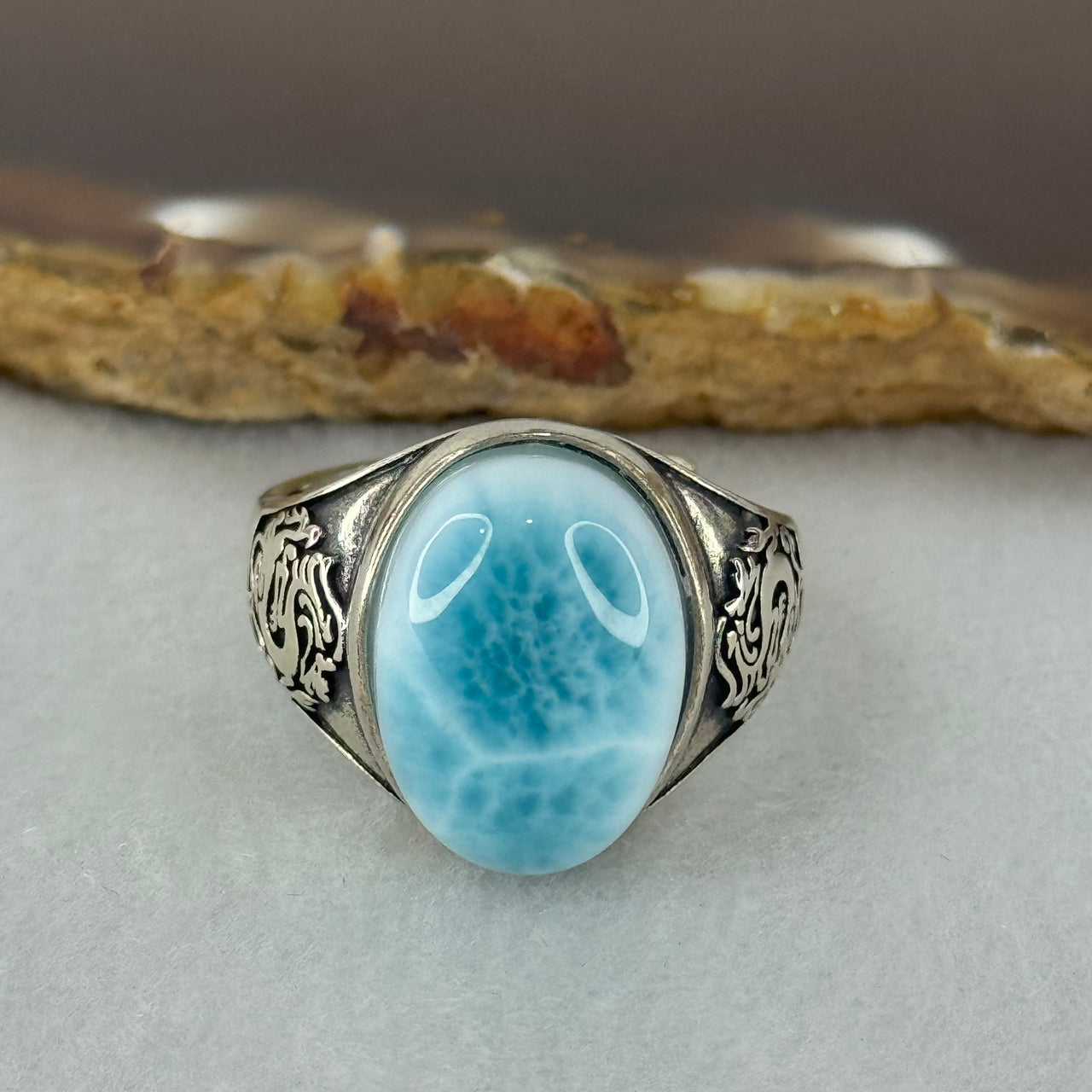 Good Grade Natural Larimar in S925 Silver Ring with Double Dragons (Adjustable Size) 10.11g 17.5 by 12.8 by 9.0mm