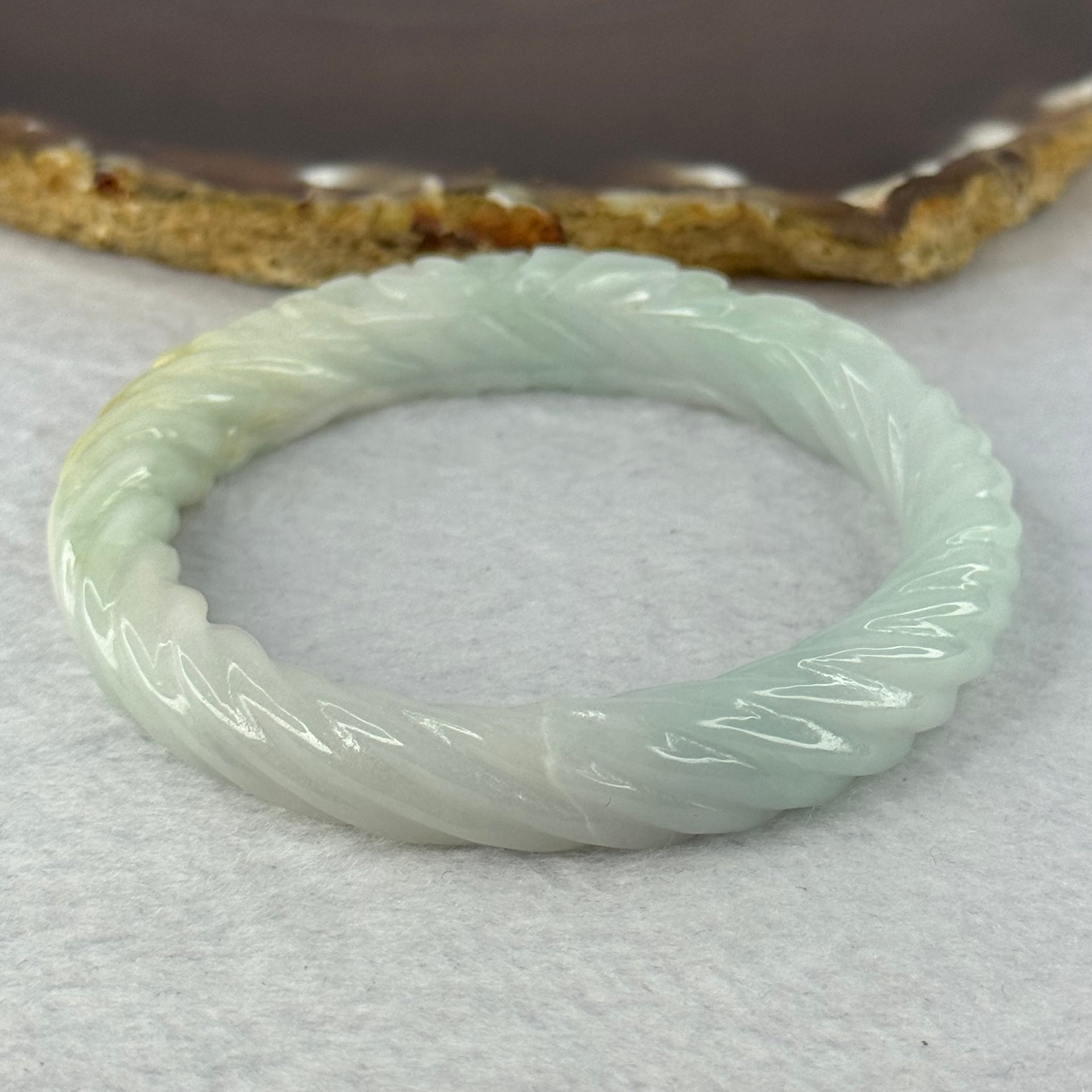 Type A Light Sky Blue with Yellow Patch Jadeite Flower Bangle 44.10g 11.7 by 9.0mm Inner Diameter 53.6mm - Huangs Jadeite and Jewelry Pte Ltd