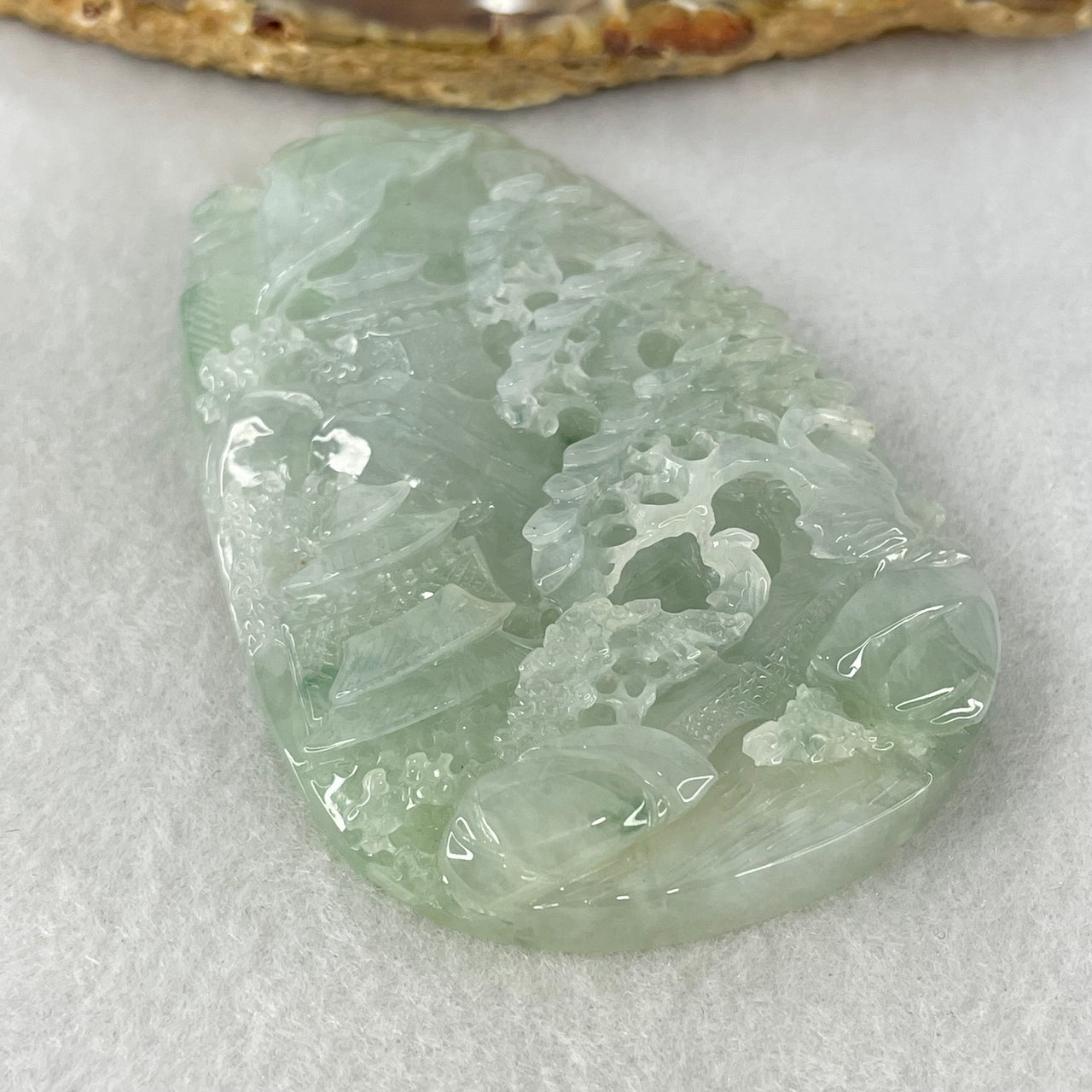 Type A Jelly Light Green with Faint Lavender Jadeite Double Sided Shan Shui with Gui Ren Benefactor Pendant 72.45g 74.5 by 47.1 by 11.4mm