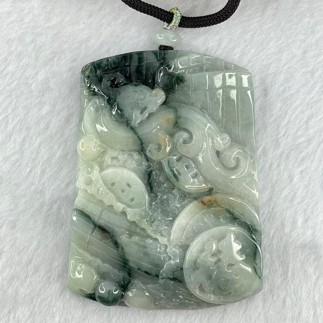 Type A Green Lavender and Moss Green Patches Jadeite Dragon and Treasures Pendant 103.16g 72.3 by 54.6 by 12.8mm