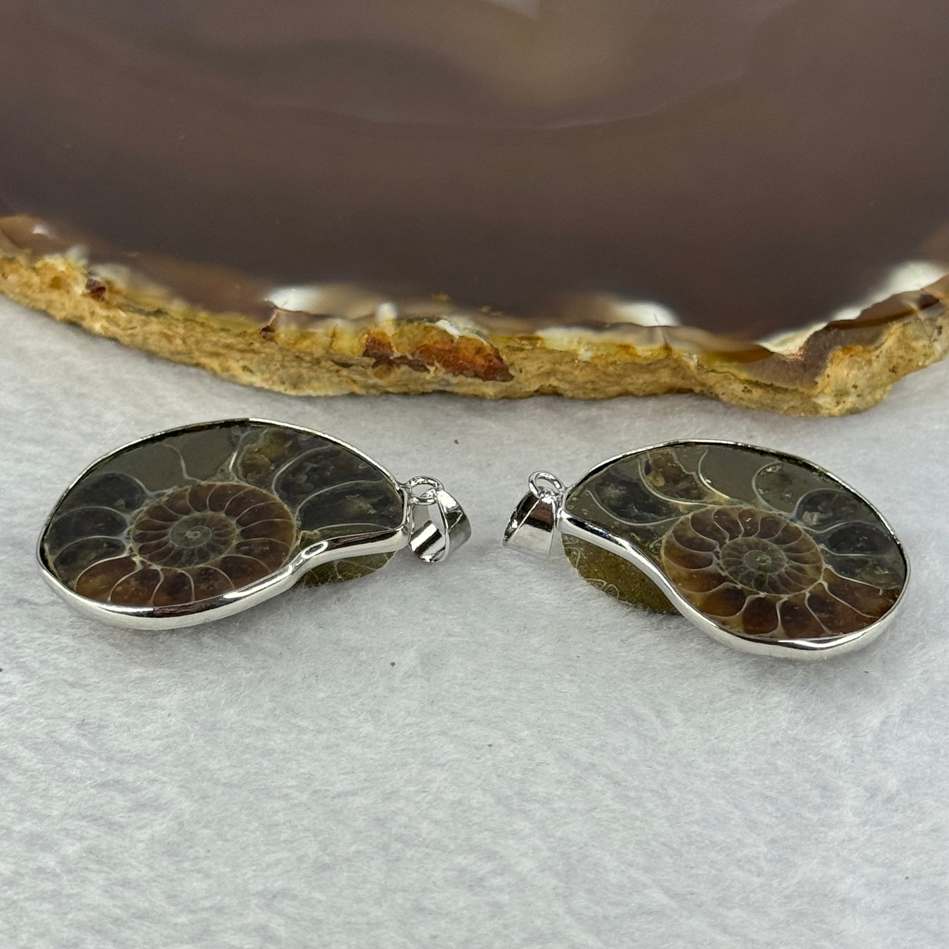 Natural Ammolite Fossil In Sliver Pendent/Charm Pair Total Weight 16.88g Each About 14.5 by 12.1 by 3.5mm - Huangs Jadeite and Jewelry Pte Ltd