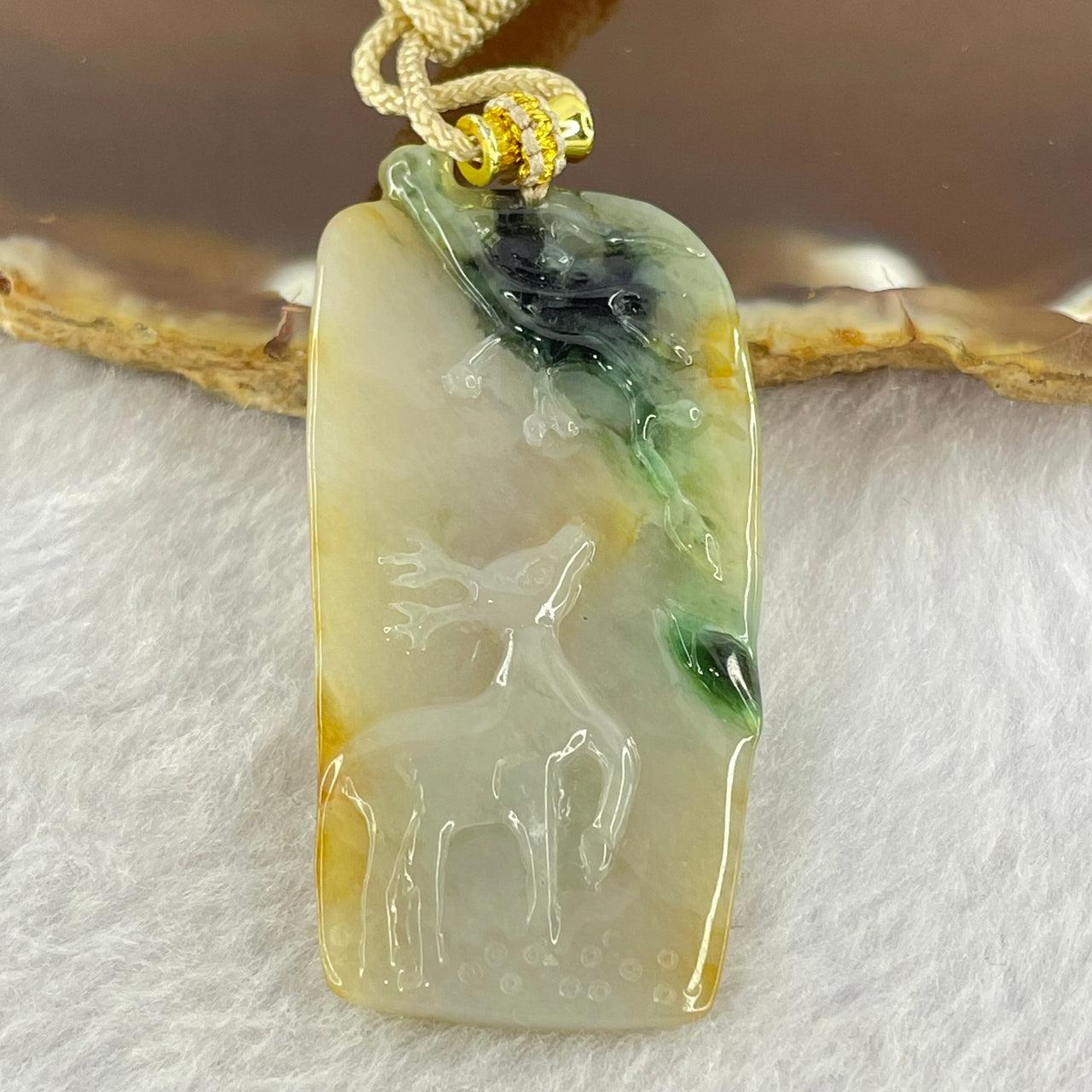 Type A Green Yellow Lavender Deer Shan Shui Jadeite Pendent 16.56g 50.8 by 25.0 by 7.5mm