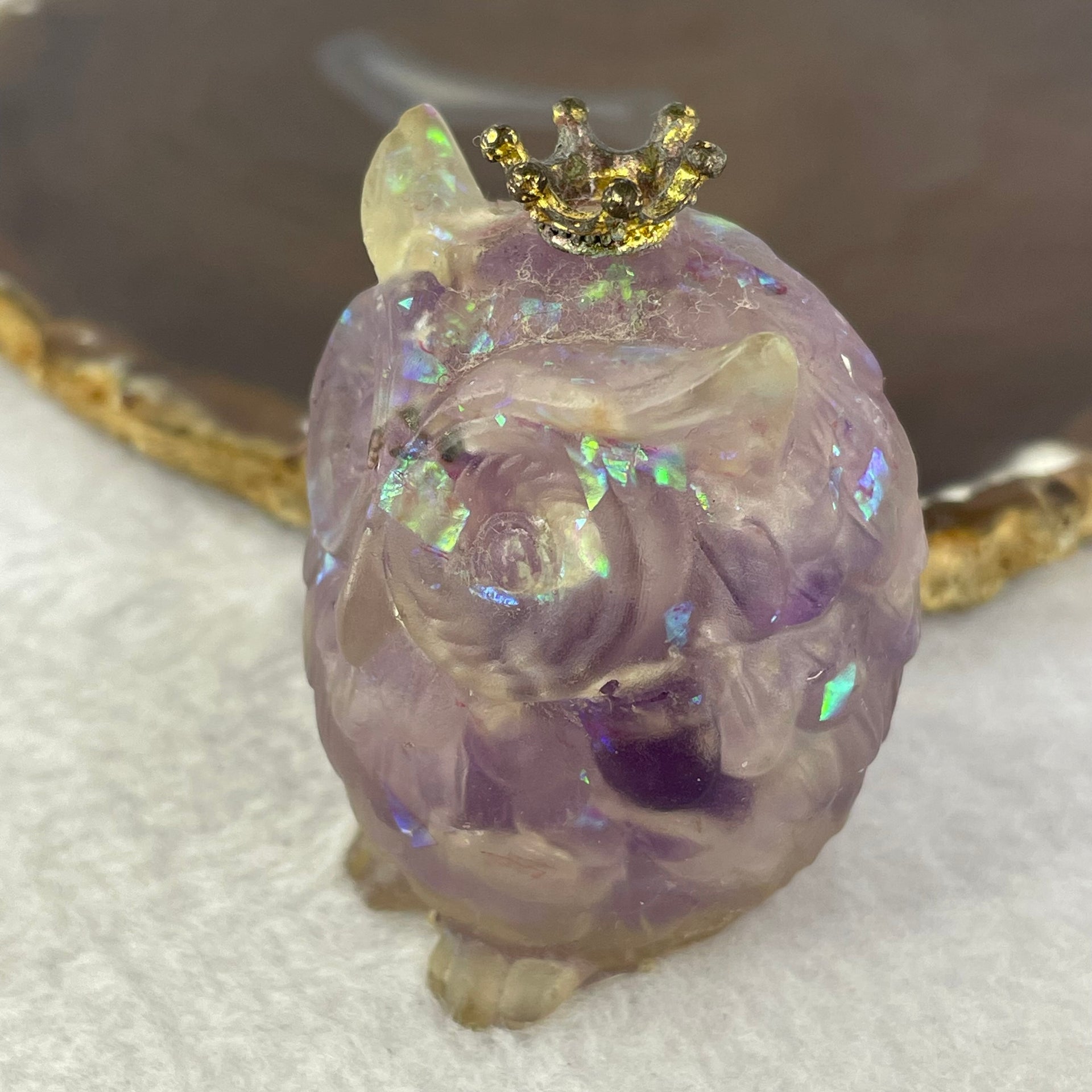 Acrylic with Natural Stones and Amethyst Owl Mini Display 93.13g 54.5 by 43.4 by 40.8mm - Huangs Jadeite and Jewelry Pte Ltd