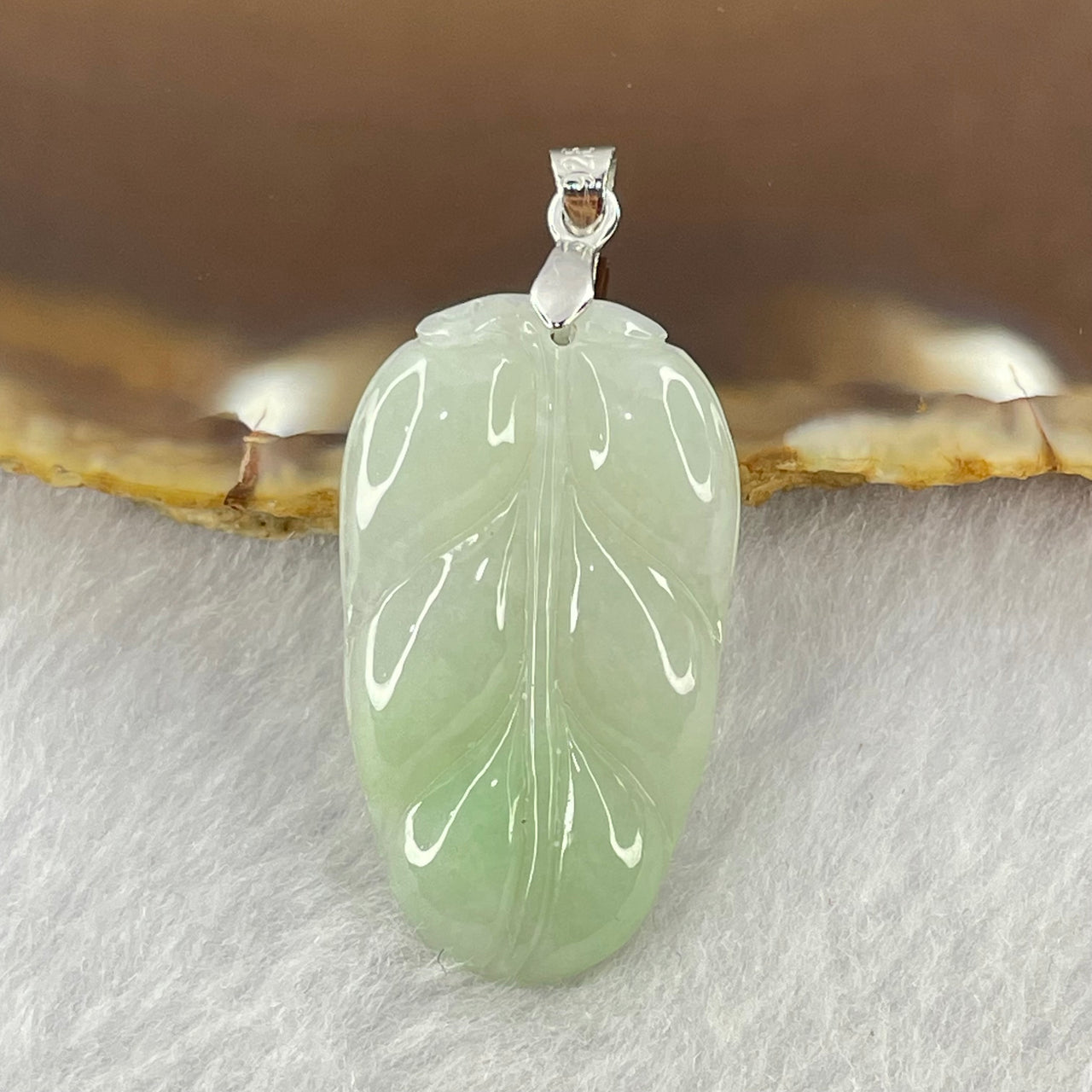 Type A Light Green Jadeite Leaf Pendant with S925 Sliver Clasps 4.31g 30.4 by 17.7 by 4.0mm