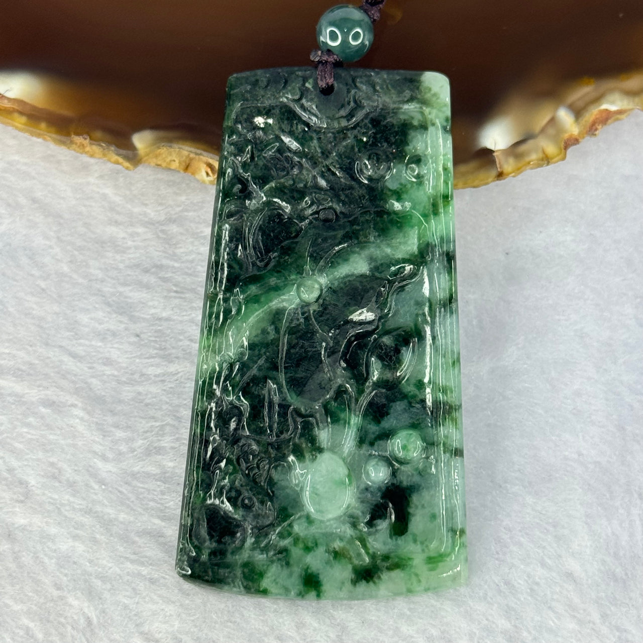 Type A Dark Green With Light and Emerald Green Patches Jadeite Lotus Flower Pendent 31.76g 62.6 by 33.5 by 5.9mm