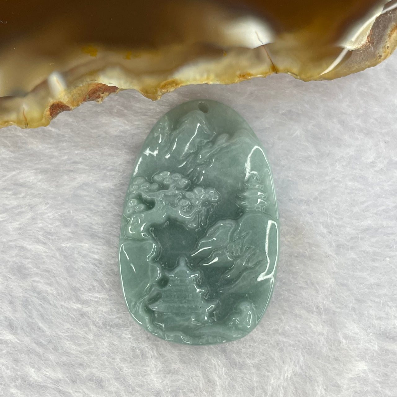 Type A Blueish Green Jadeite Scenary Shan Shui 山水 Pendant 6.46g 31.6 by 20.3 by 5.0mm - Huangs Jadeite and Jewelry Pte Ltd