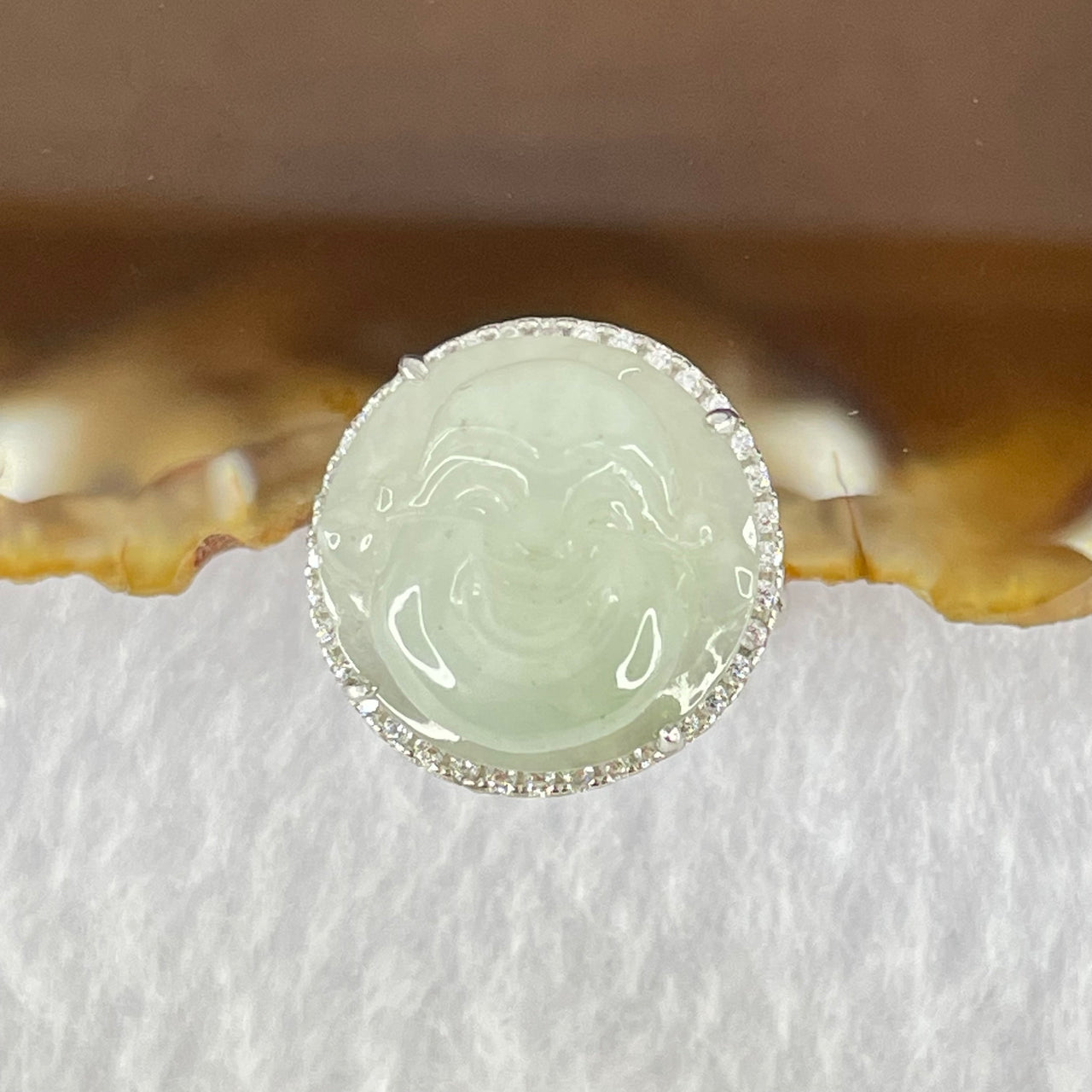 Type A Faint Lavender Green Jadeite Milo Buddha in S925 Ring (Adjustable Size) 6.24g 15.7 by 15.7 by 7.5mm