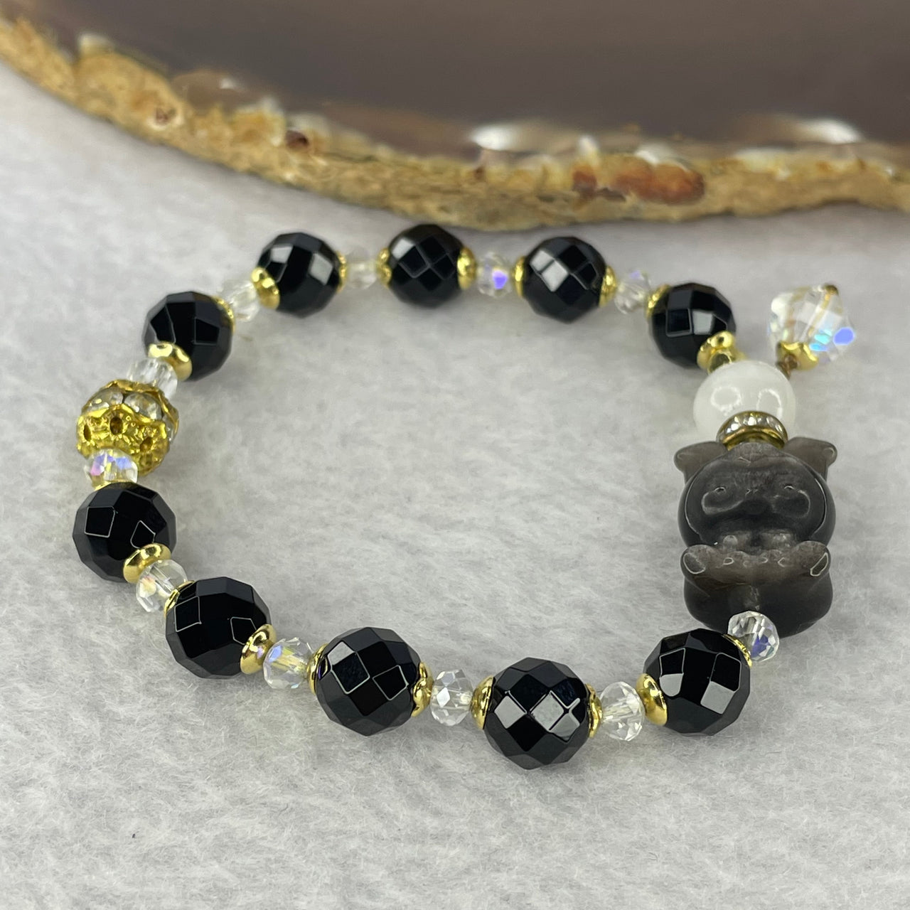 Black Agate Onyx with Selenite Bracelet 13.12g 8.0 mm 10 Beads - Huangs Jadeite and Jewelry Pte Ltd