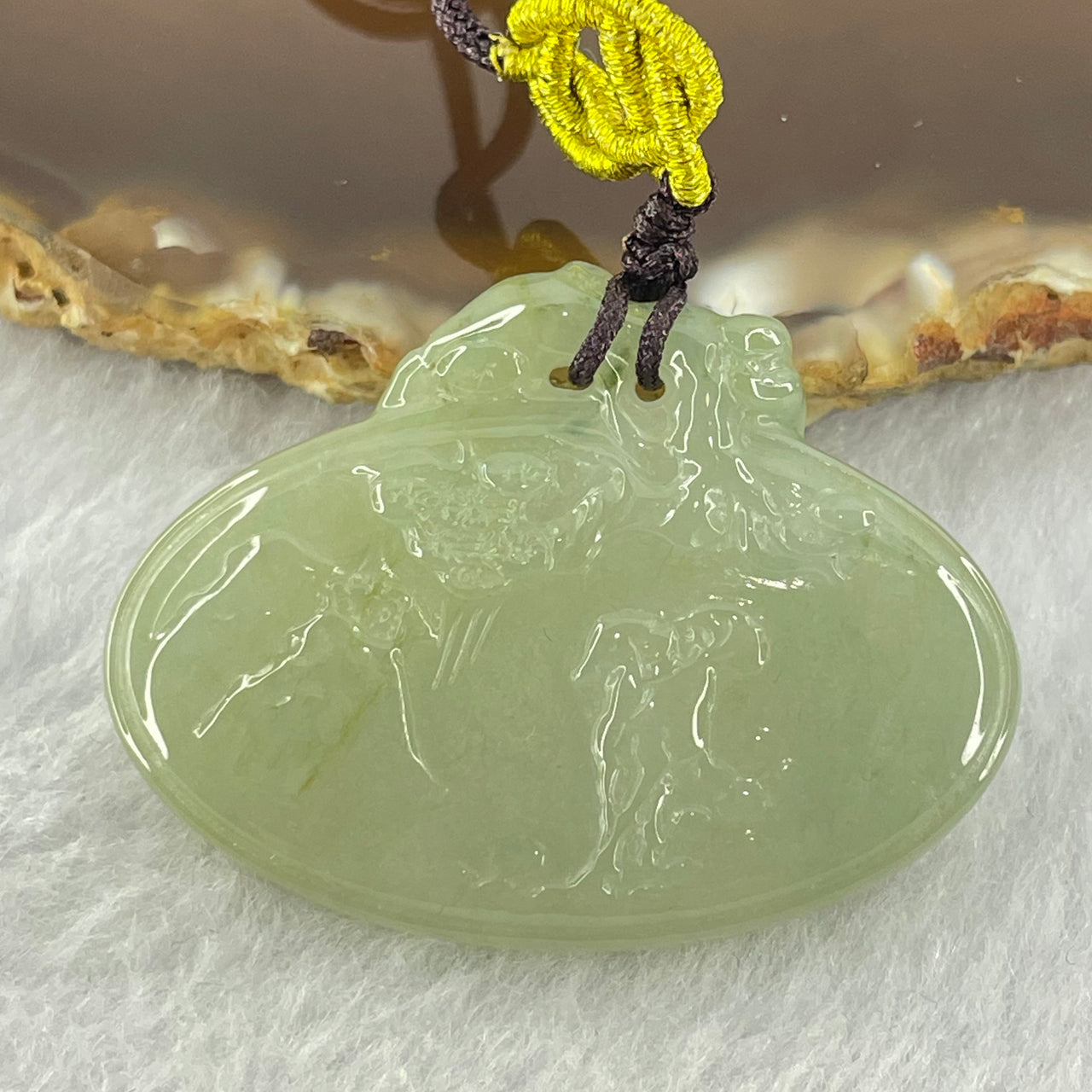 Type A Semi Icy Green Jadeite Double Sided Shan Shui with Horse Pendent 12.36g 28.8 by 39.9 by 5.1mm