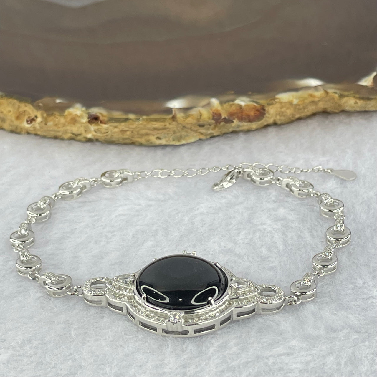 Type A Translucent Black Jadeite Round Wu Shi Pai with Crystals in S925 Sliver Bracelet 9.54g 16.5 by 3.0mm