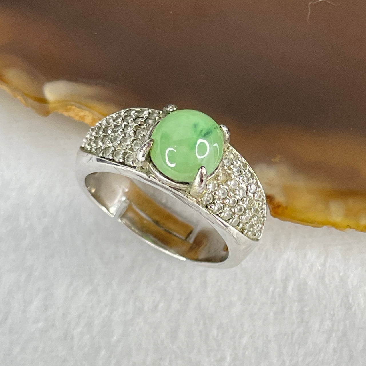 Type A Green Piao Hua Jadeite in S925 Sliver Ring 5.86g 7.9 by 7.4 by 5.0mm (Adjustable Size)