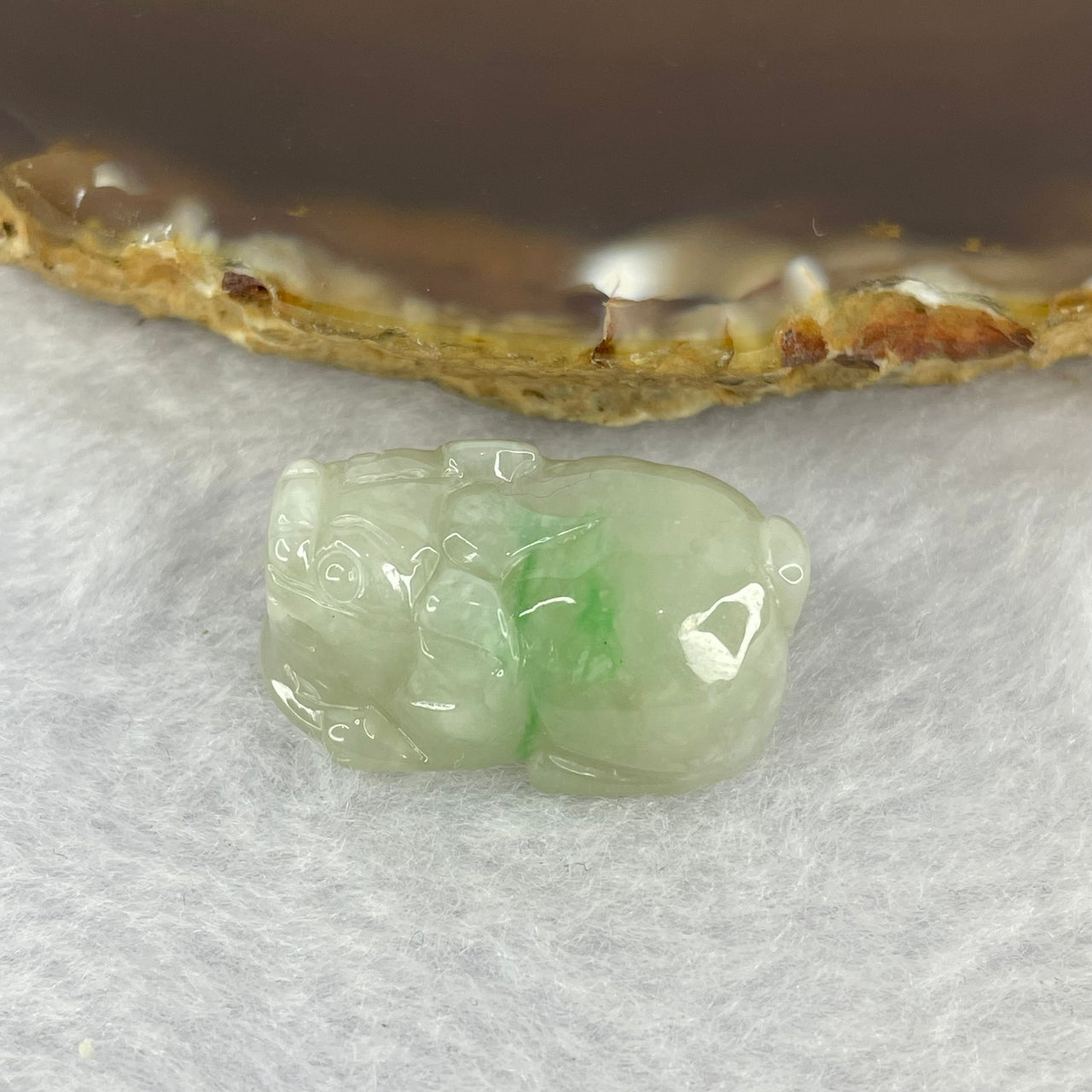 Type A Light Green With Apple Green Patches Jadeite Pixiu Pendent A货浅绿加苹果绿飘花翡翠貔貅牌 10.03g 25.2 by 15.5 by 11.8 mm - Huangs Jadeite and Jewelry Pte Ltd