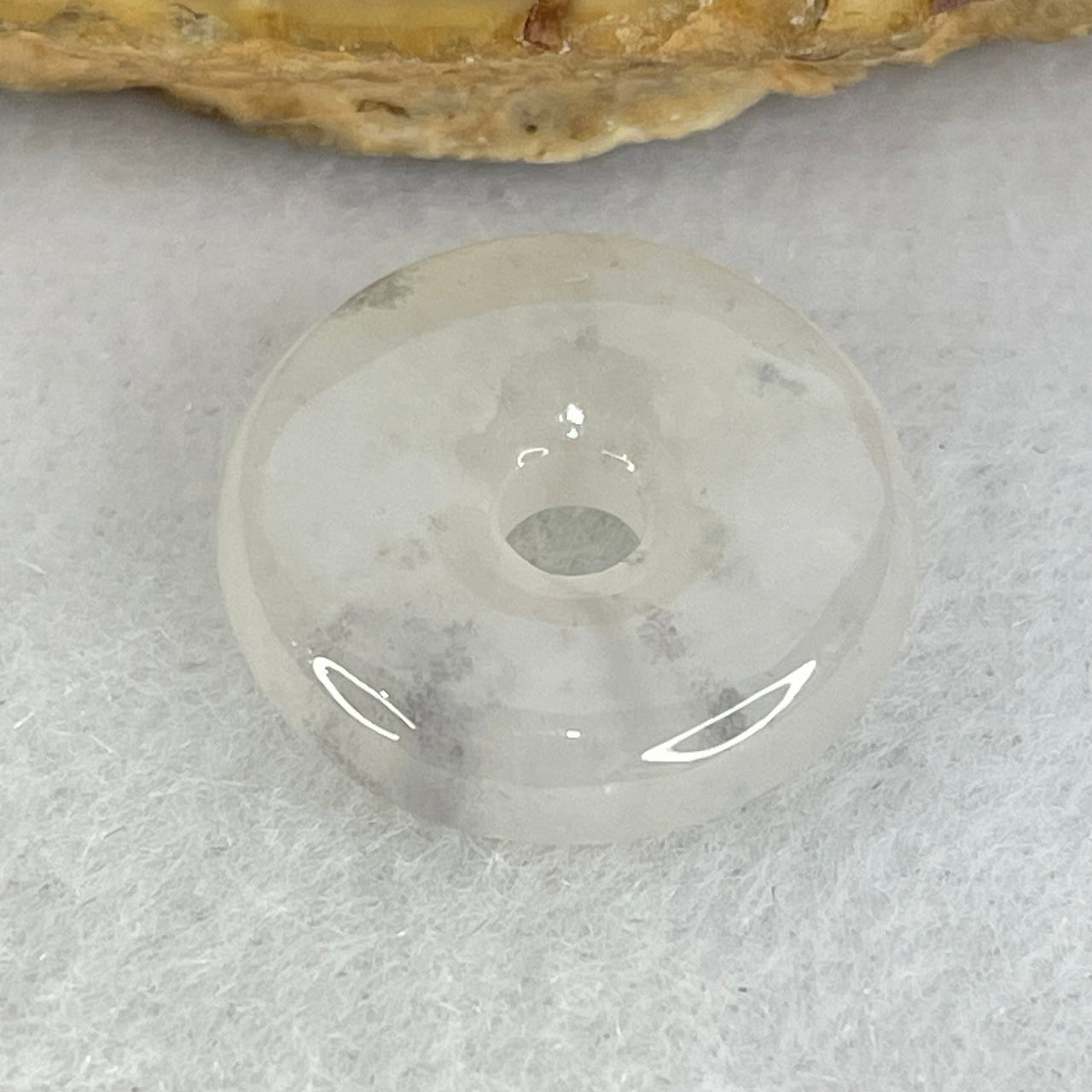 Type A Semi Icy White To Faint Lavender With Wuji Grey Spots Jadeite Ping An Kou Donut Pendant 2.28g 15.6 by 4.5mm