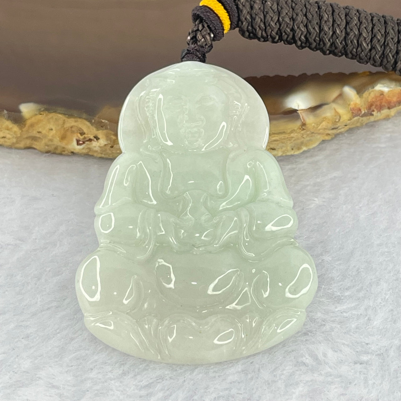 Type A Light Green Jadeite Guan Yin Pendant 17.59g 48.0 by 34.1 by 5.2mm