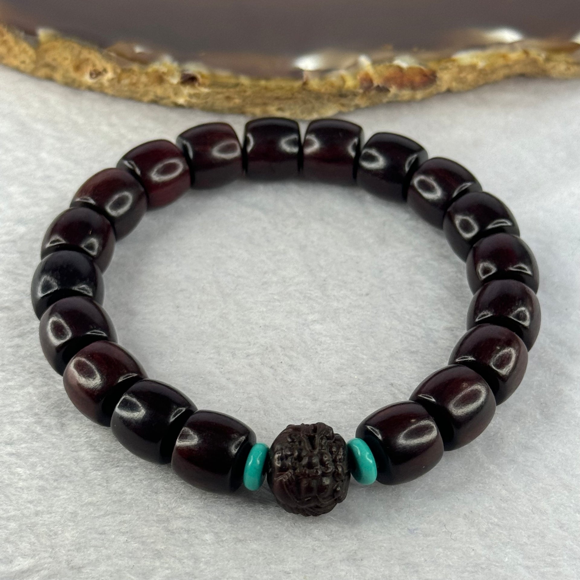 Natural Indian Small Leaf Zitan Wood Beads and Pixiu Bead with Turquoise Bracelet 印度小叶紫檀 14.33g 17cm 10.2mm 19 Beads - Huangs Jadeite and Jewelry Pte Ltd