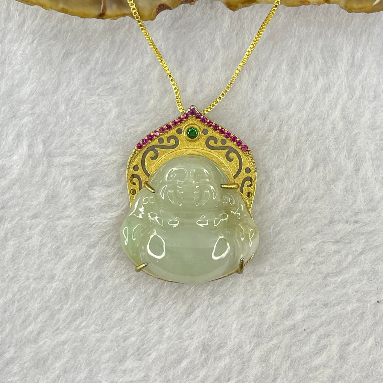 Type A Green Jadeite Milo Buddha 20.8 by 23.0 by 6.0mm with Crystals in S925 Silver Gold Color Necklace 7.68g