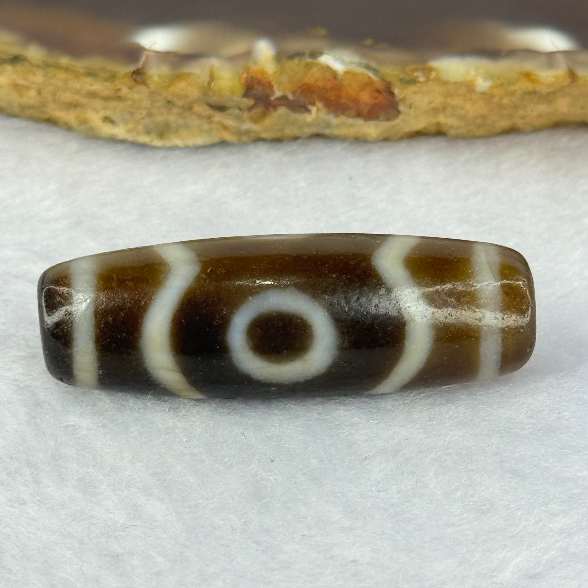 Natural Powerful Tibetan Old Oily Agate 3 Eyes Dzi Bead Heavenly Master (Tian Zhu) 三眼天诛 9.68g 37.9 by 12.5mm - Huangs Jadeite and Jewelry Pte Ltd