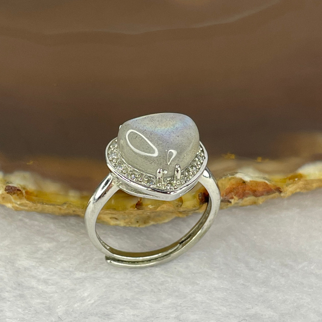 Natural Labradorite in 925 Sliver Ring (Adjustable Size) 3.15g 10.2 by 10.8 by 5.0 mm - Huangs Jadeite and Jewelry Pte Ltd