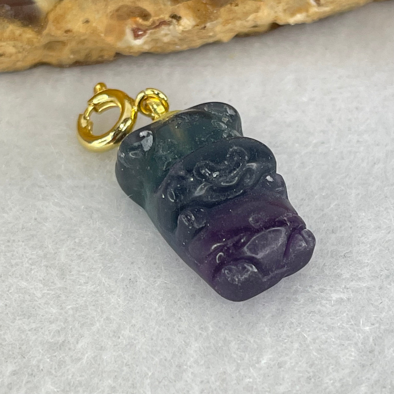 Natural Purple and Green Fluorite Ox Charm Pendant 3.36g 18.3 by 11.2 by 8.1mm