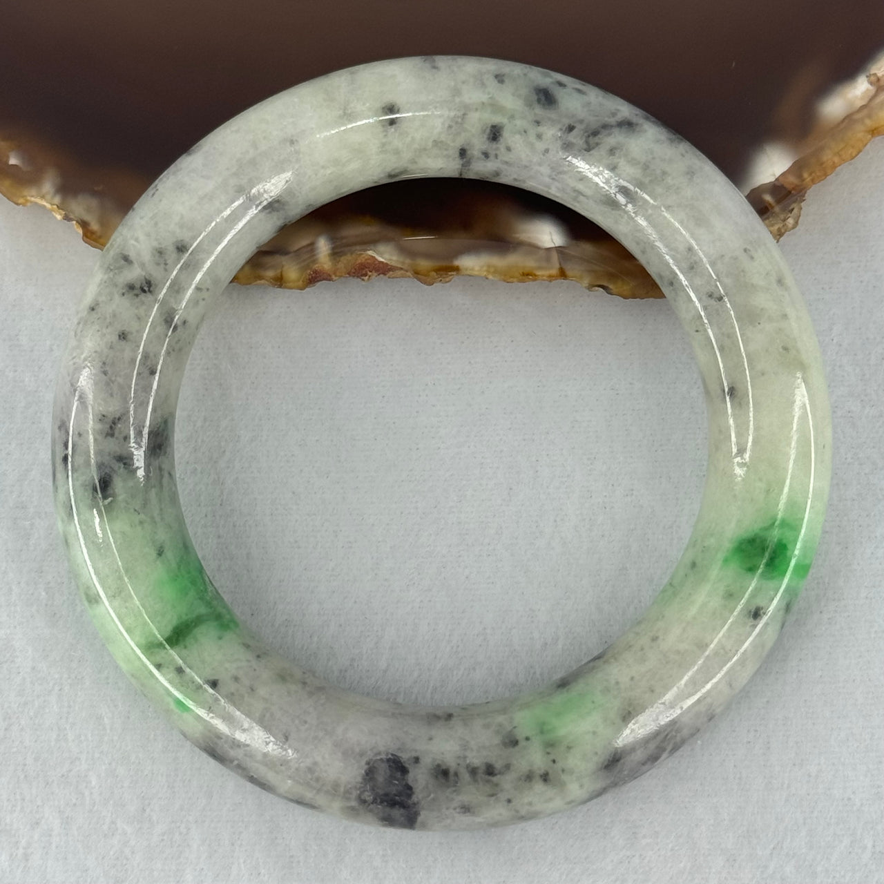 Type A Light Green with Emerald Green and Grey Patches Jadeite Bangle Internal Diameter 55.8mm 93.21g 13.4 by 13.1mm (Very Slight External Rough with Slight Internal Lines)