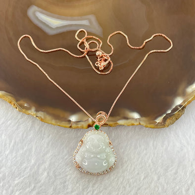 Type A Faint Lavender Jadeite Milo Buddha Pendent with Crystals in S925 Sliver Rose Gold Color Setting and Necklace 6.84g 20.9 by 19.4 by 5.0mm