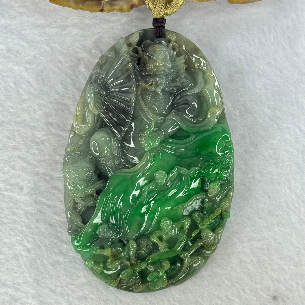 Very Rare Grand Master Type A Spicy Green with Wuji Grey Zhong Kui  with Tiger, Catching Spirits, Ingots and Coins for Indirect Wealth 89.50g 78.7 by 50.6 by 10.7mm