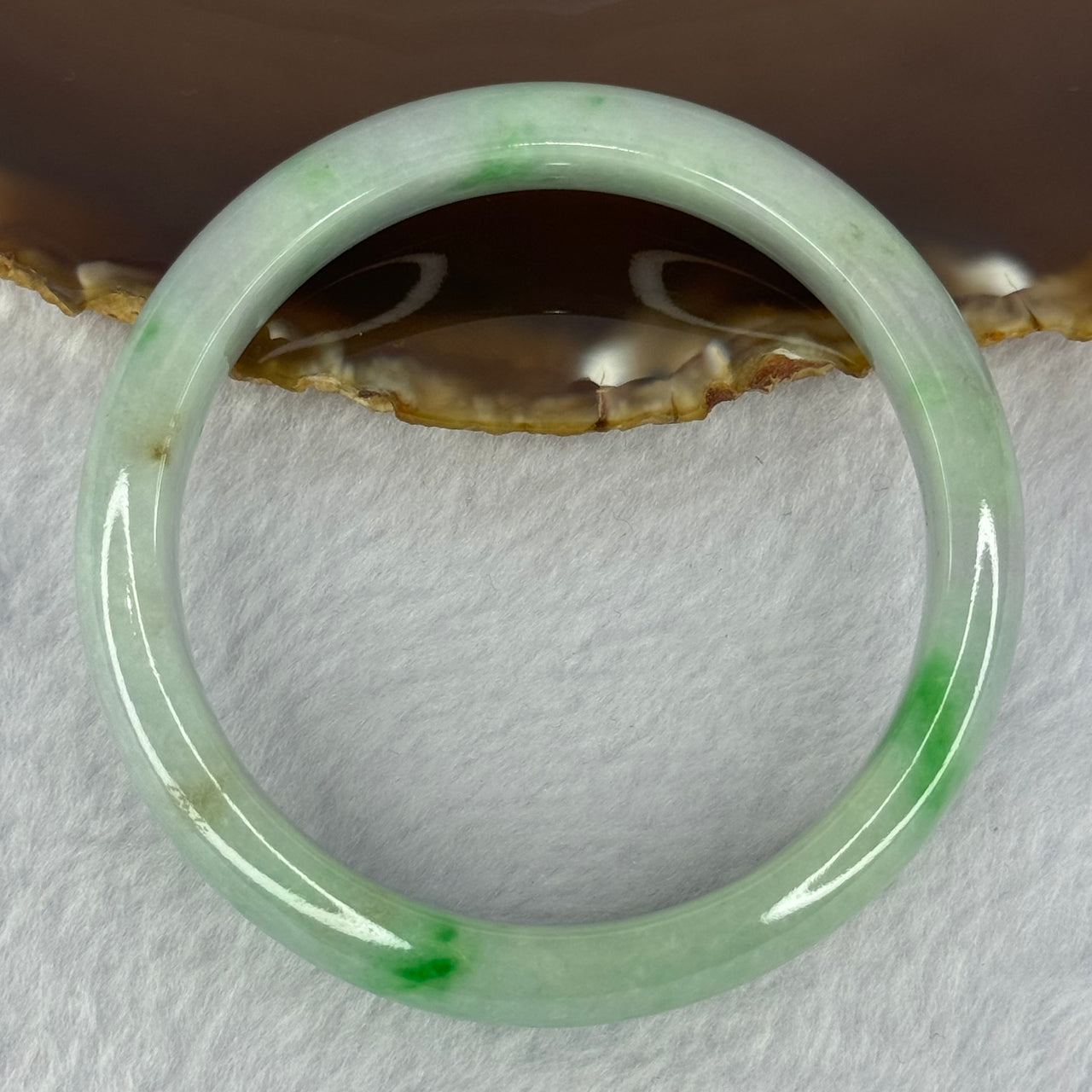 Type A Light Green with Bright Green Patches and Lavender Jadeite Bangle 54.16g Internal Diameter 58.4mm 12.6 by 7.9mm (Very Slight External Rough)