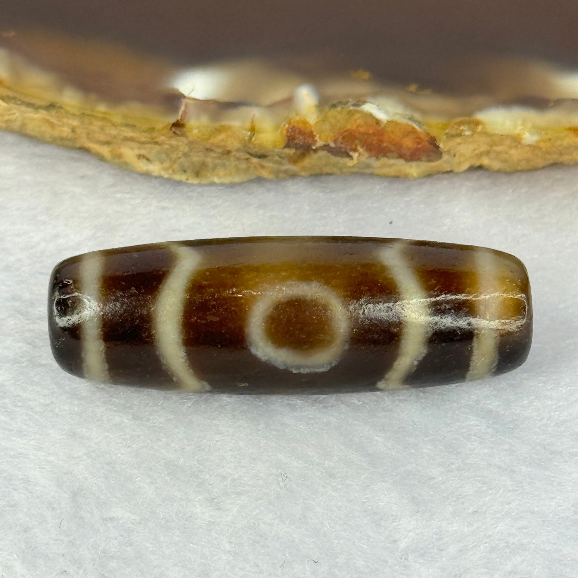 Natural Powerful Tibetan Old Oily Agate 3 Eyes Dzi Bead Heavenly Master (Tian Zhu) 三眼天诛 9.59g 37.7 by 12.6mm - Huangs Jadeite and Jewelry Pte Ltd