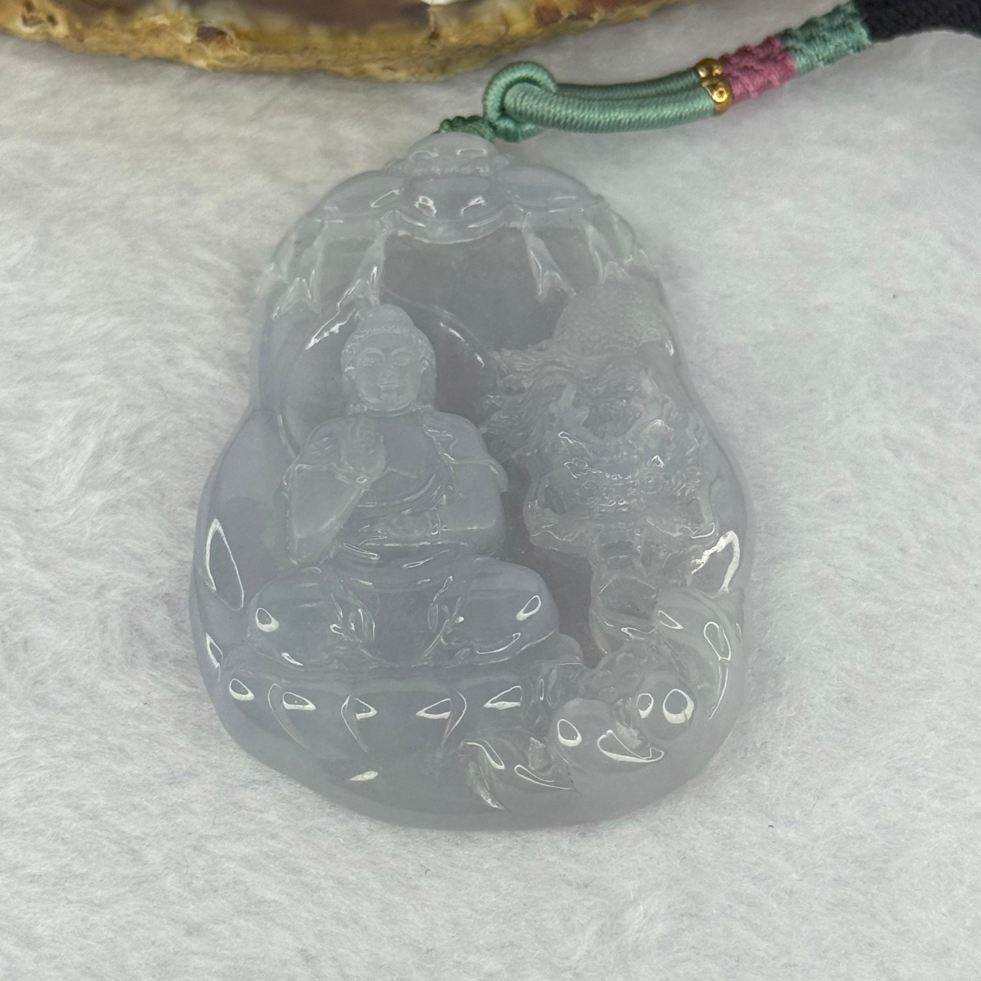 Grandmaster Certified Type A Icy Jelly Intense Lavender Jadeite Buddha and Dragon Pendent 47.05g 61.3 by 42.9 by 9.7mm - Huangs Jadeite and Jewelry Pte Ltd