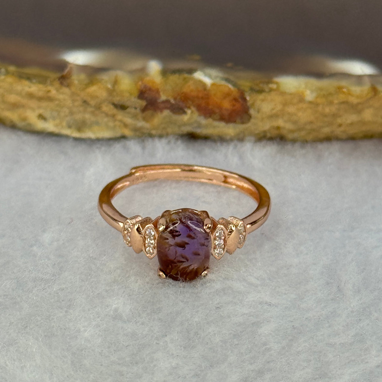 Good Grade Natural Auralite 23 in S925 Silver Rose Gold Color Ring (Adjustable Ring) 1.71g 8.0 by 6.0 by 2.5mm