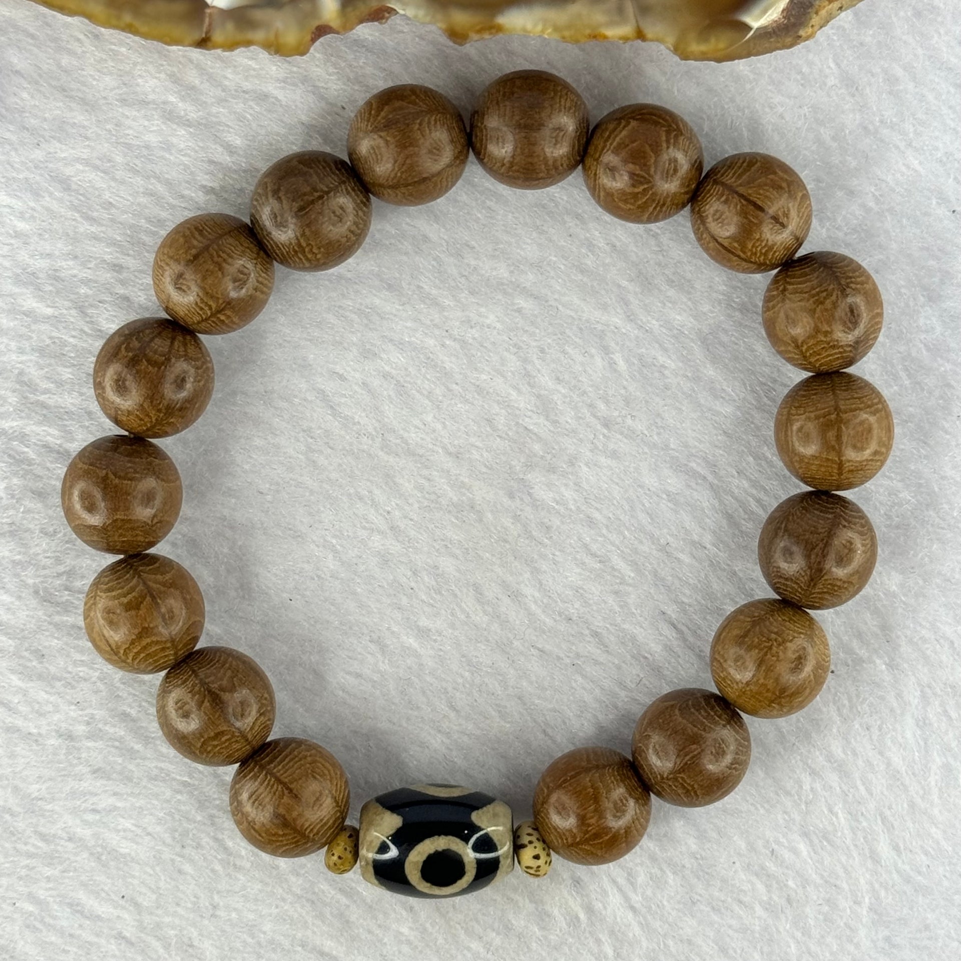 Natural Six Way Wooden Bead With 3 Eyes Dzi Bead Tian Zhu Beads Bracelets 天然六道木带三眼天珠手链 10.56g 16cm 10.3mm 17 Beads/ 13.8 by 10.1mm 1 Bead - Huangs Jadeite and Jewelry Pte Ltd