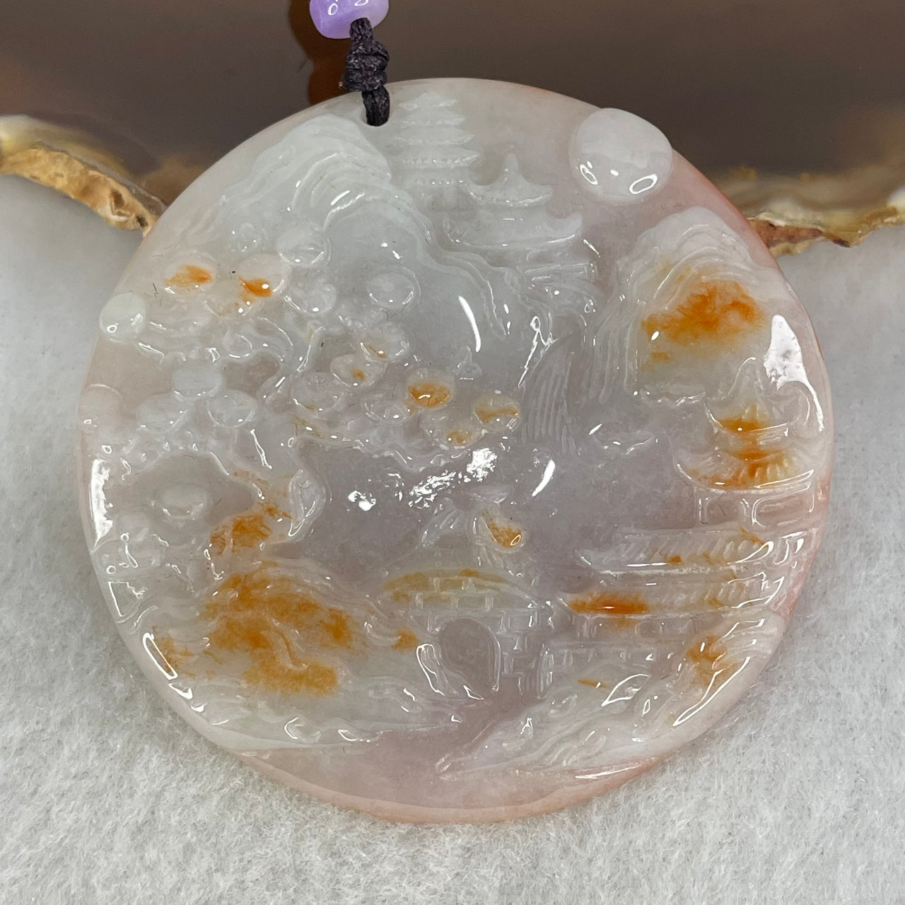 Type A Faint Lavender with Red Patches Jadeite Shan Shui with Gui Ren Benefactor 34.65g 52.7 by 5.8mm