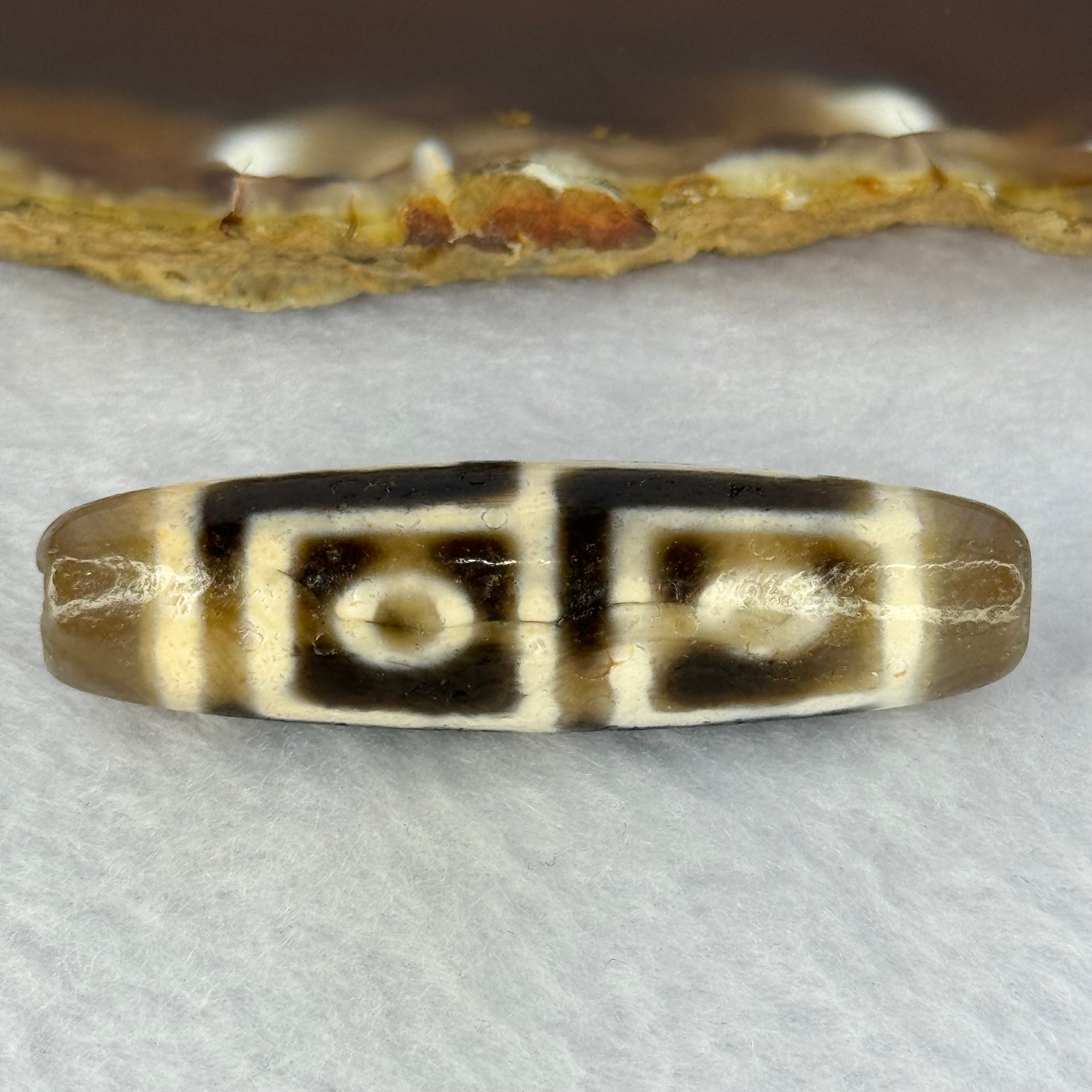 Natural Powerful Tibetan Old Oily Agate 4 Eyes Dzi Bead Heavenly Master (Tian Zhu) 四眼天诛 12.38g 47.4 by 13.0mm - Huangs Jadeite and Jewelry Pte Ltd