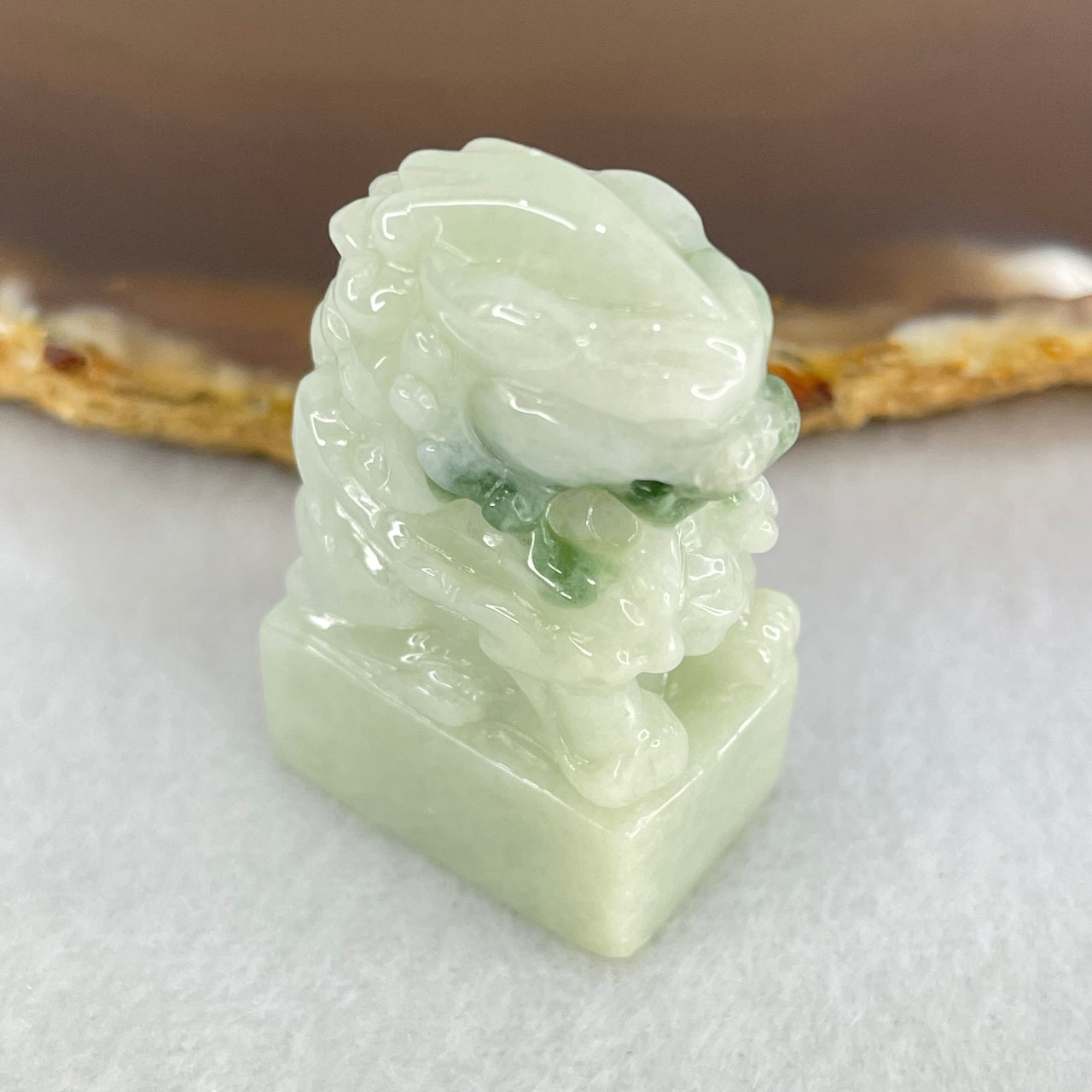 Type A Faint Green with Dark Blueish Green Patches Jadeite Fu Dog Seal Display 23.91g 36.4 by 21.4 by 13.7mm