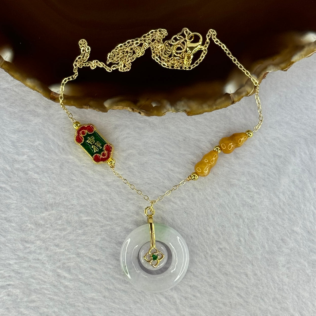 Type A Lavender and Green Jadeite Double Ping An Kou Donut 24.2 by 5.1mm with Double Hulu 10.1 by 4.5mm in Gold Color Necklace 11.76g