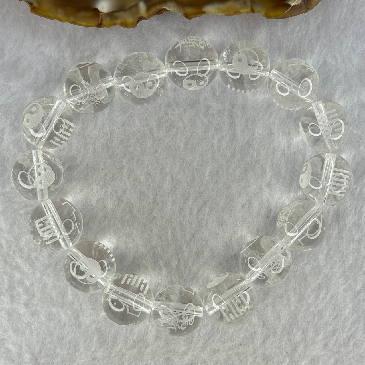 Natural Clear Quartz Beads with Inscription Bracelet 44.32g 17cm 12.8mm 16 Beads