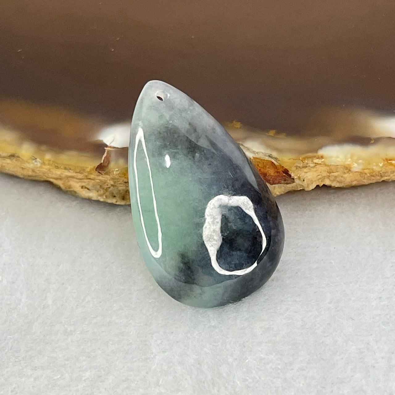 Type A Semi Icy Wuji Black Grey Jadeite Teardrop Pendant 3.64g 26.3 by 16.8 by 4.6mm