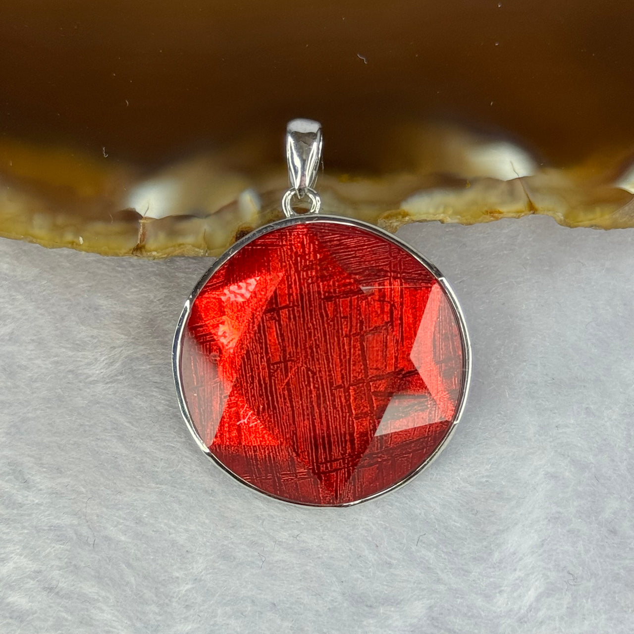 Natural Meteorite in Red Color in S925 Silver Pendent 天然天铁牌12.98g 27.1 by 10.1mm - Huangs Jadeite and Jewelry Pte Ltd