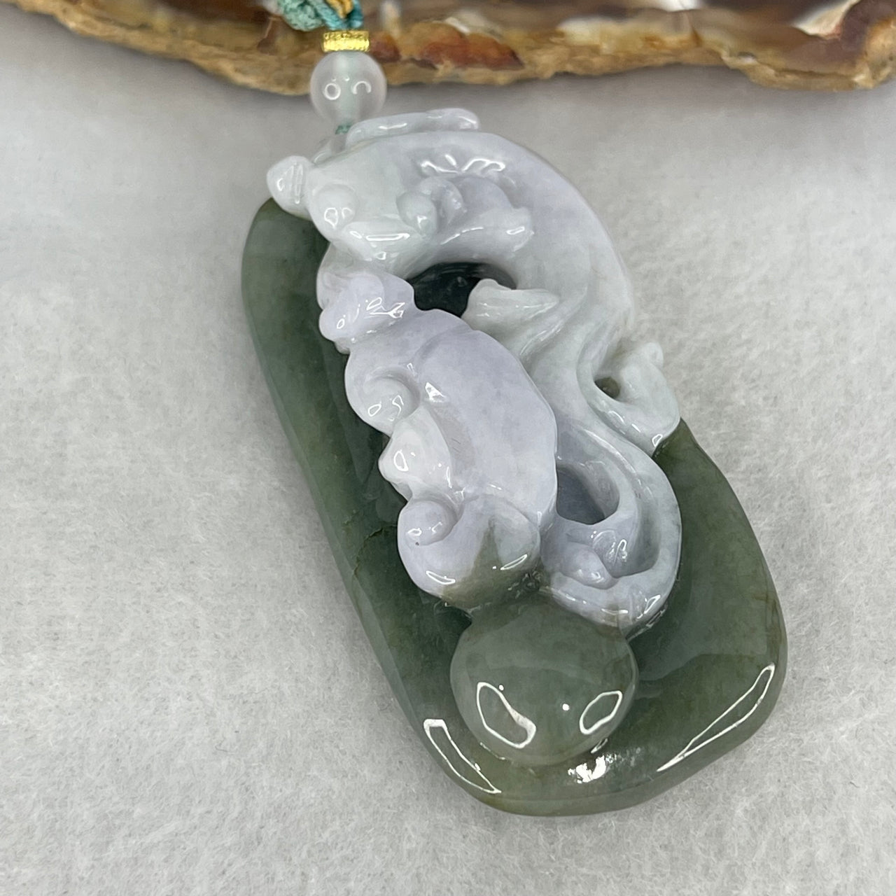 Type A Faint Lavender and Blueish Green Jadeite Pixiu with Ruyi Pendant 50.30g 60.7 by 29.8 by 16.9mm