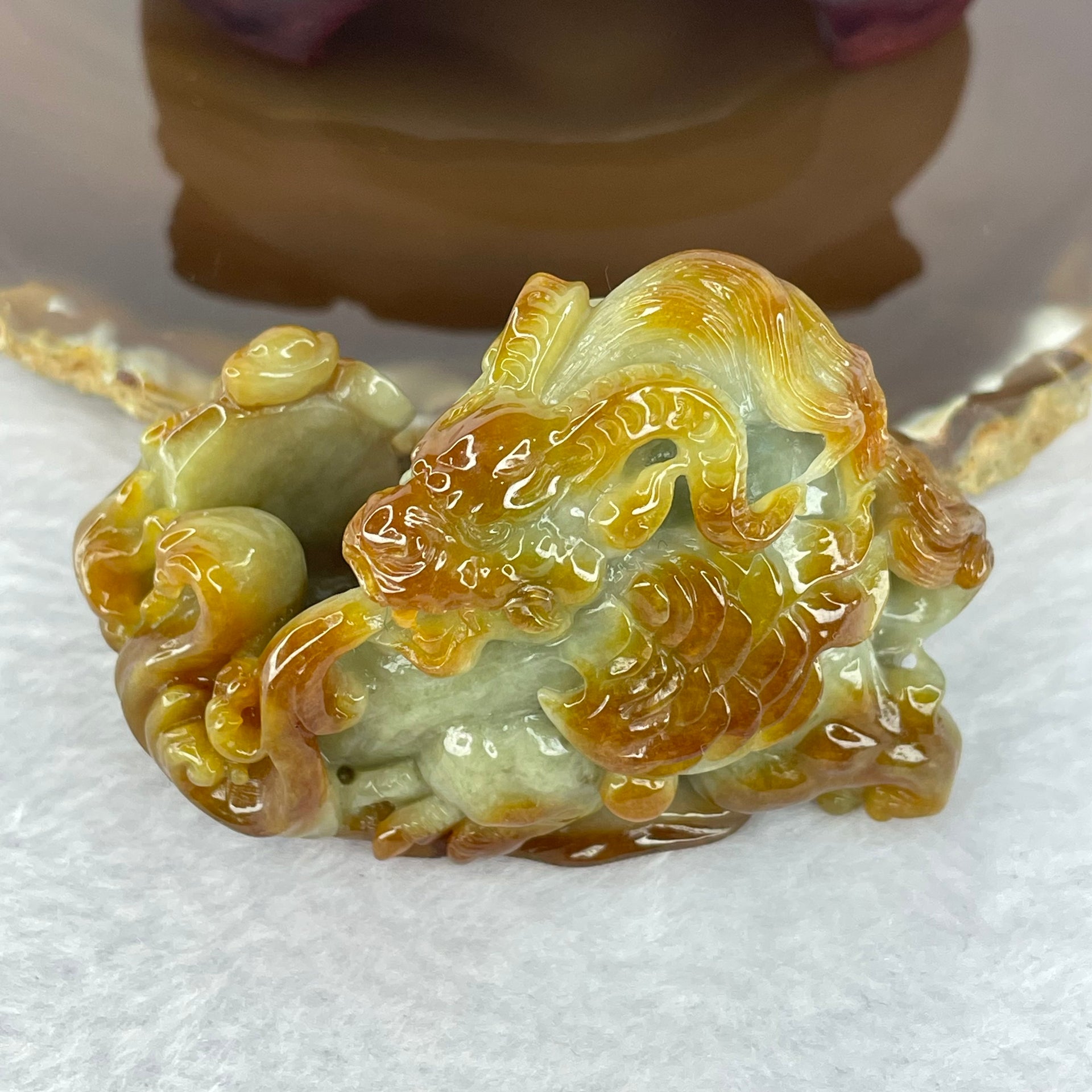 Rare Grand Master Type A Brownish Red Green Jadeite Fire Breathing Dragon 招财 112.75g 65.0 by 31.0 by 43.0mm with Wooden Stand - Huangs Jadeite and Jewelry Pte Ltd