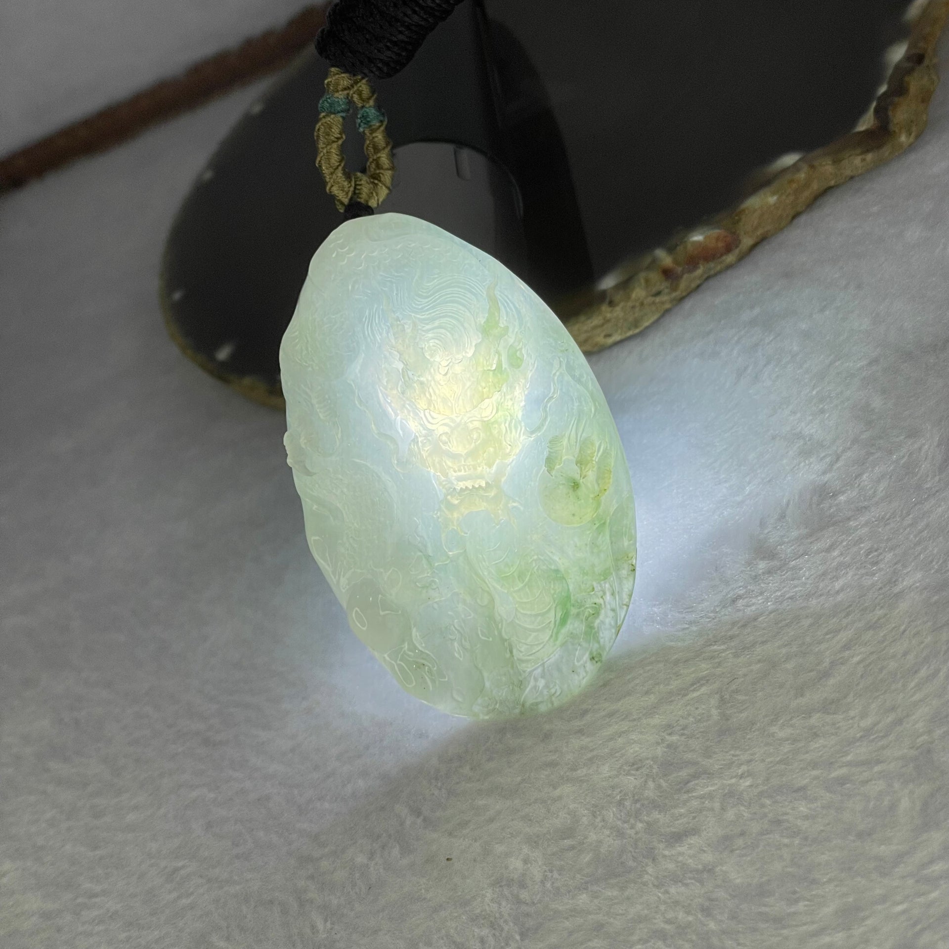 Grand Master Type A Semi Icy Lavender Green Piao Hua Jadeite Dragon Pendant Display 63.76g 70.9 by 11.8 by 12.7mm with Wooden Stand - Huangs Jadeite and Jewelry Pte Ltd